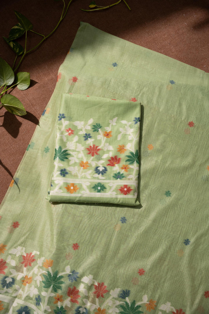 Floral Reverie Green Soft Cotton Unstitched Suit Set