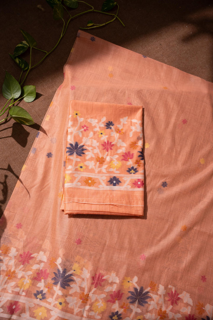 Floral Reverie Peach Soft Cotton Unstitched Suit Set