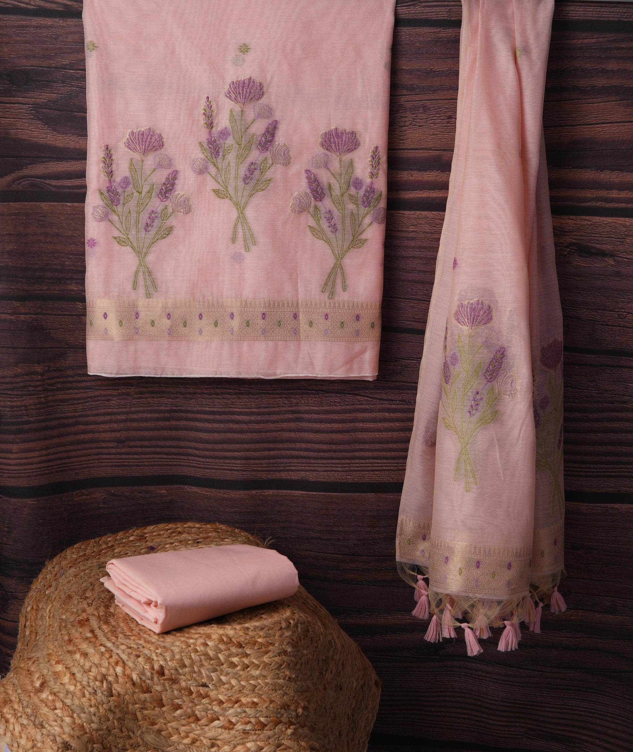 Blush Blossom Pink Muga Cotton Unstitched Suit Set