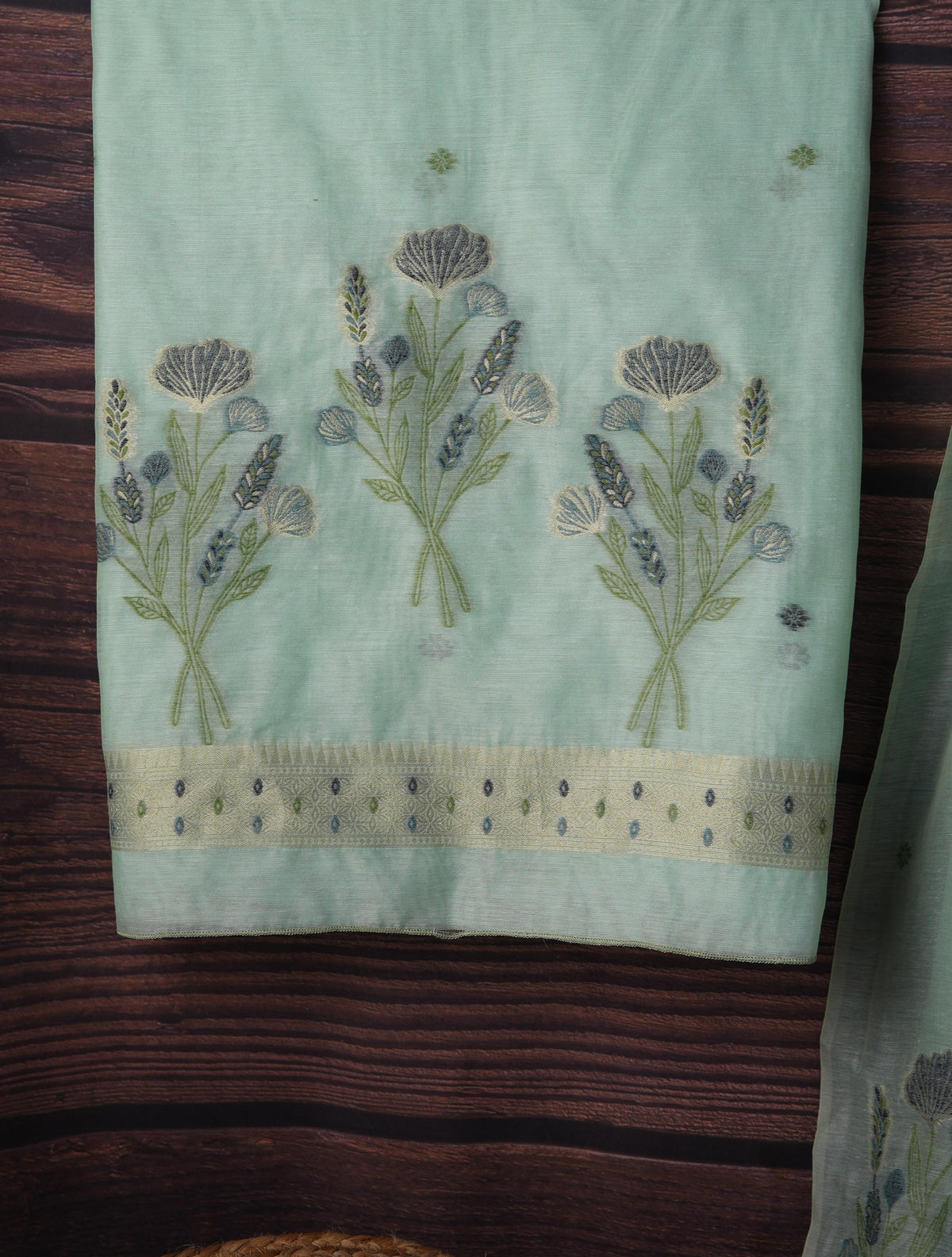 Blush Blossom Sea Green Muga Cotton Unstitched Suit Set