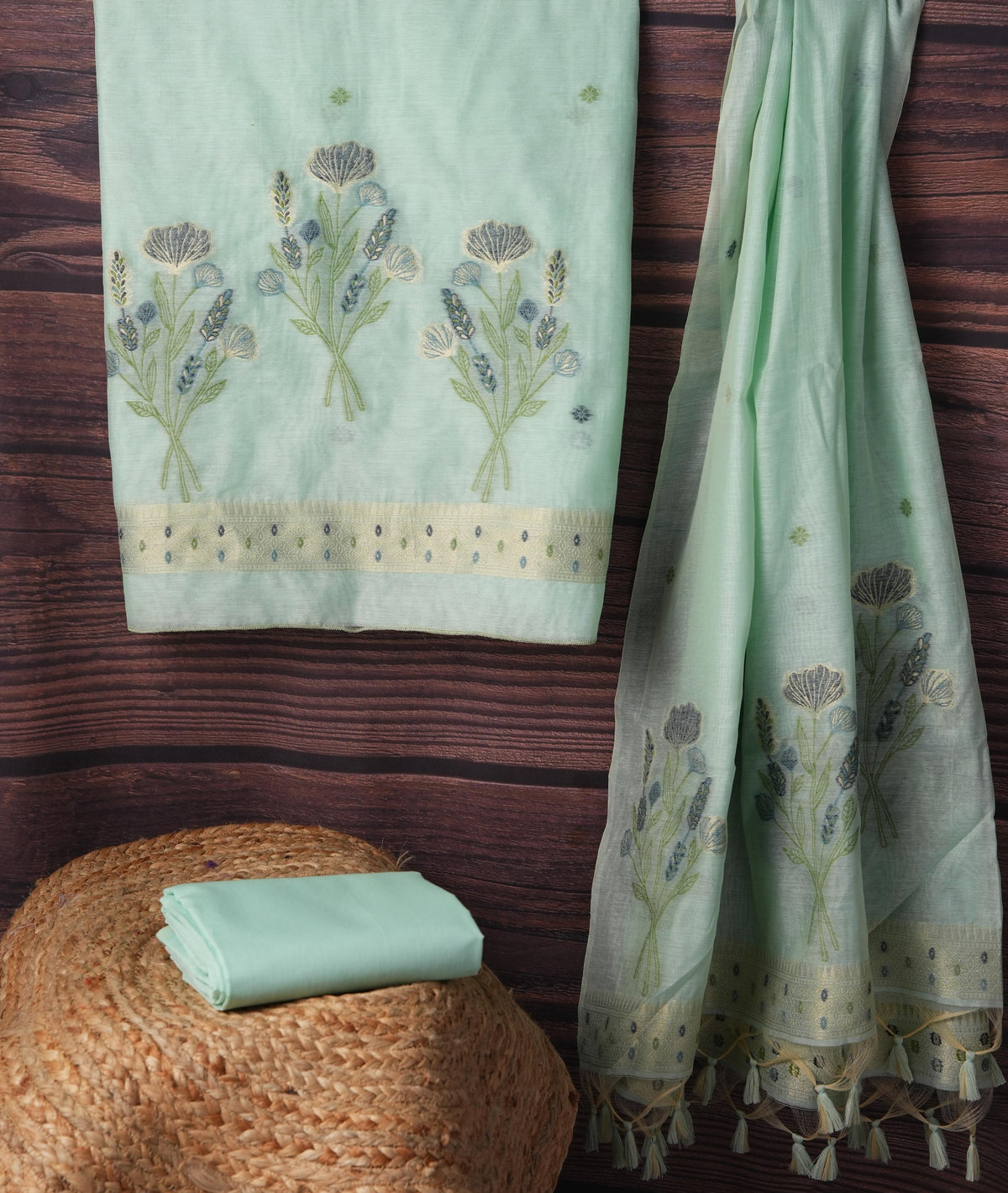 Blush Blossom Sea Green Muga Cotton Unstitched Suit Set