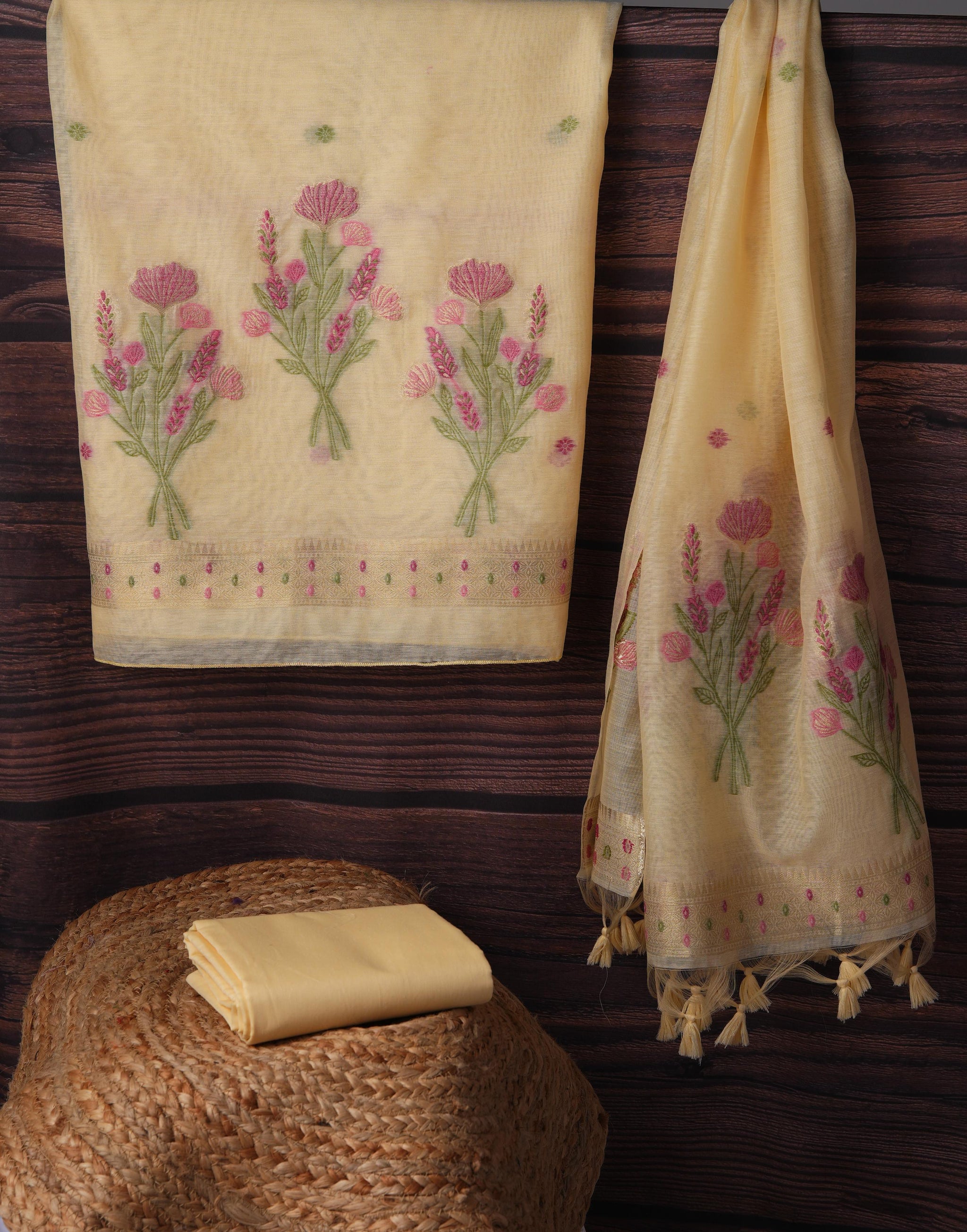 Blush Blossom Yellow Muga Cotton Unstitched Suit Set