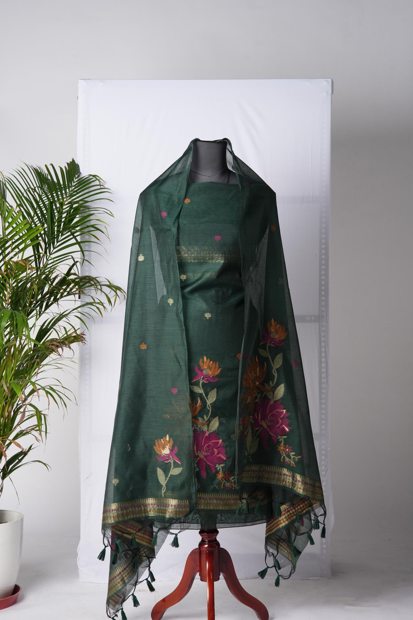 Raw Grace Dark Green Muga Cotton Jamdani Unstitched Suit Set