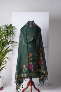 Raw Grace Dark Green Muga Cotton Jamdani Unstitched Suit Set
