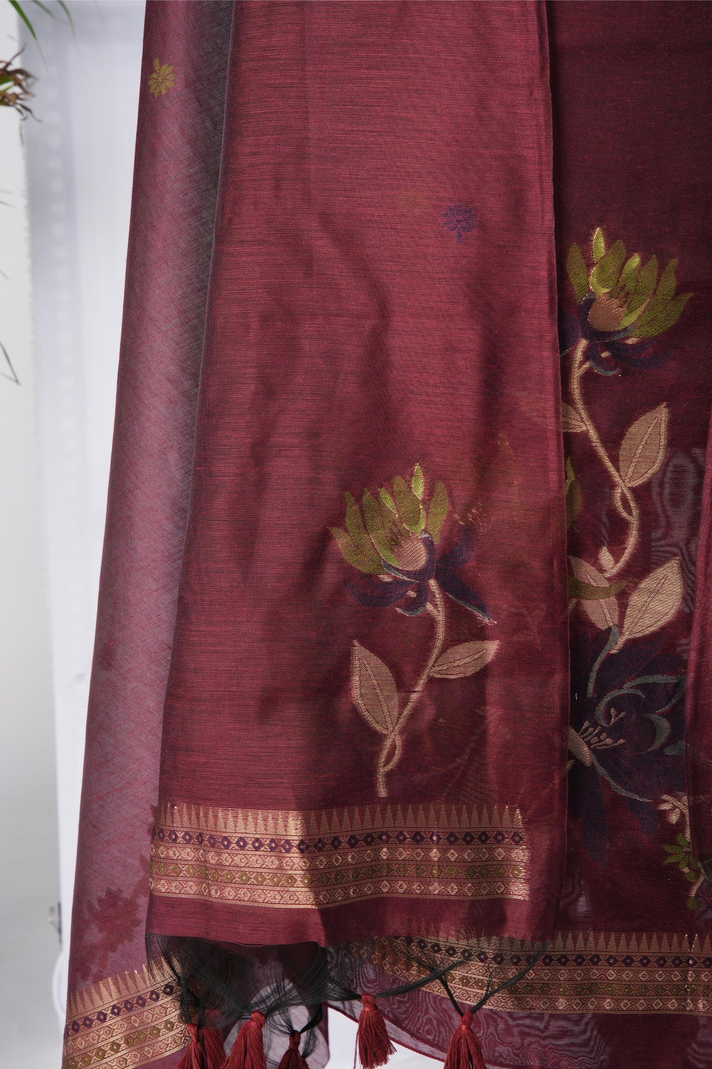 Raw Grace Maroon Muga Cotton Jamdani Unstitched Suit Set