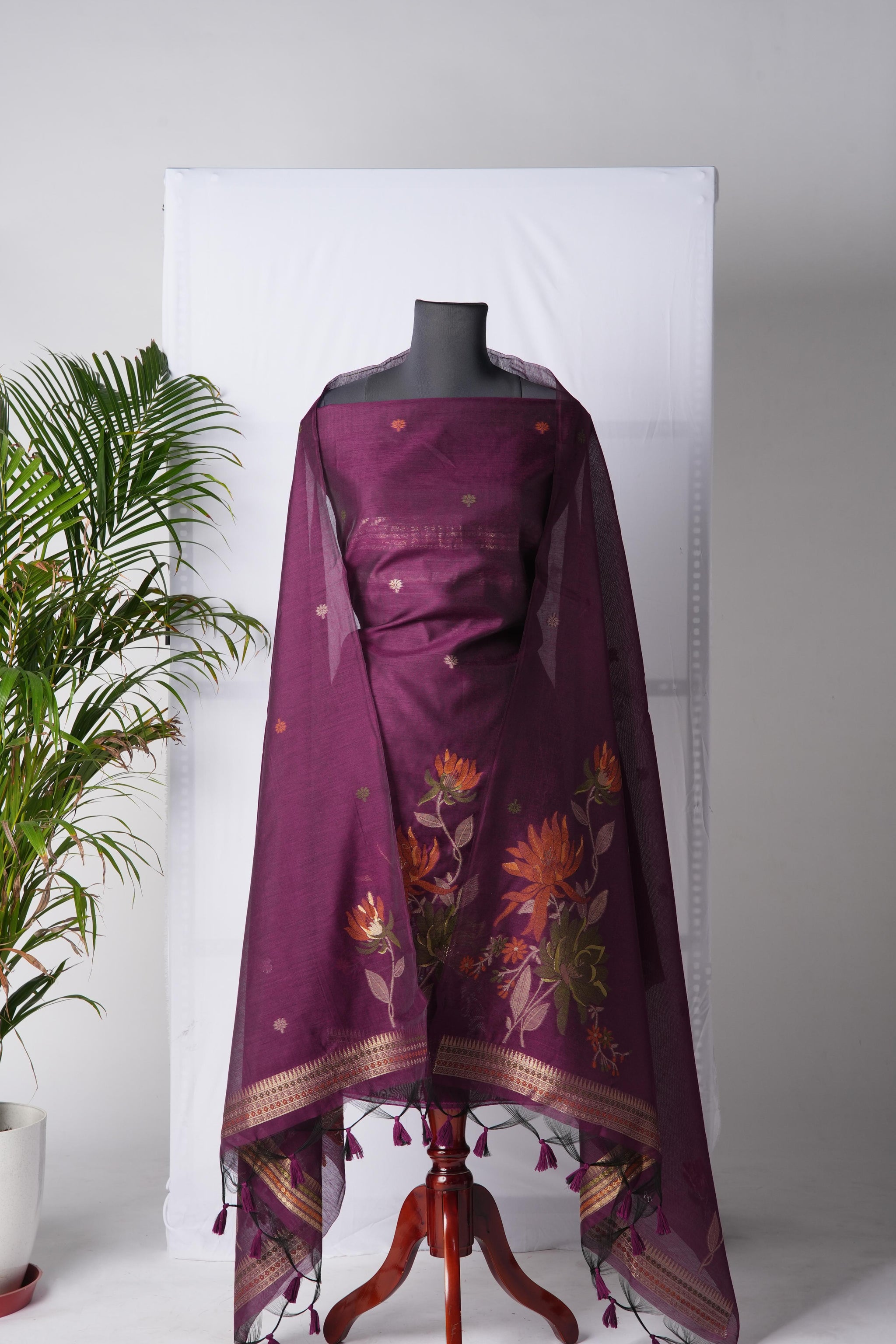 Raw Grace Jamun Wine Muga Cotton Jamdani Unstitched Suit Set