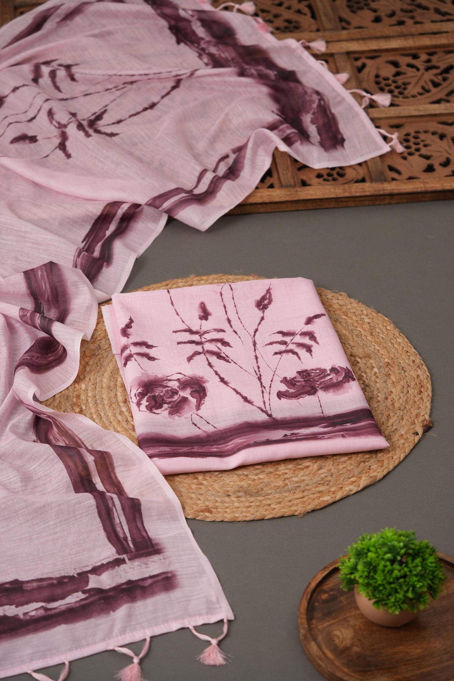 Lunar Linen Pink Cotton Linen Unstitched Suit Set