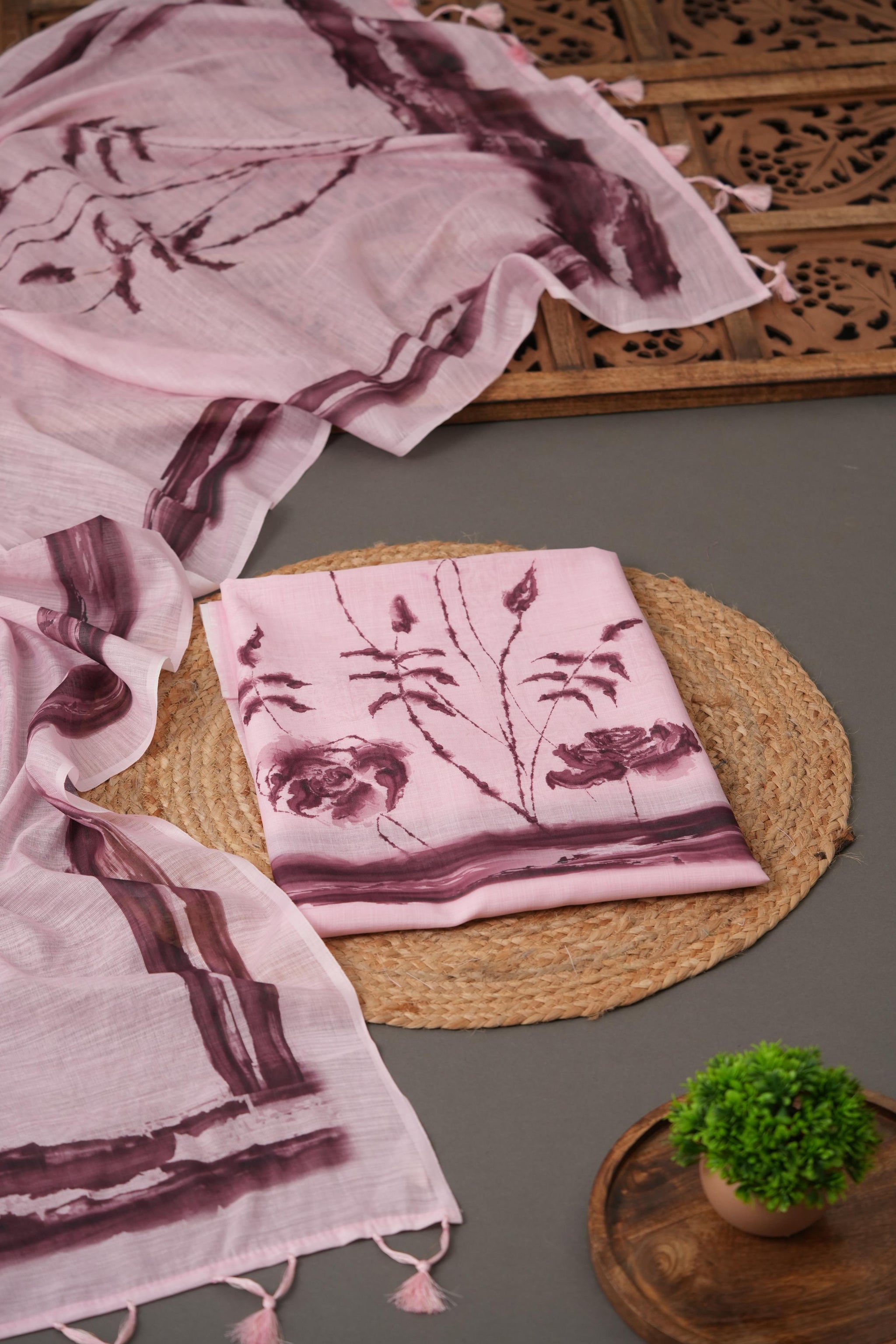 Lunar Linen Pink Cotton Linen Unstitched Suit Set
