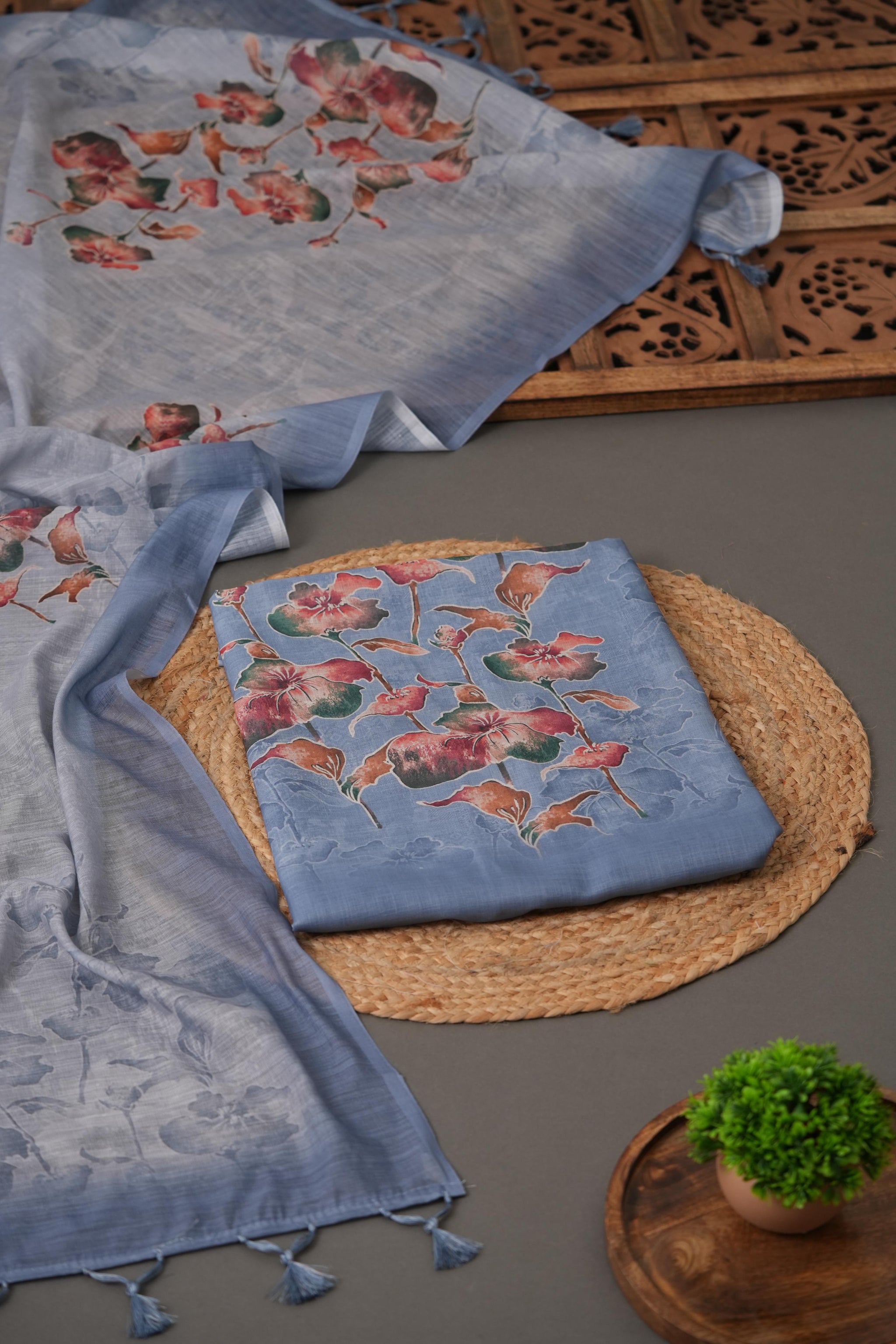 Mistral Linen Greyish Blue Linen Unstitched Suit Set