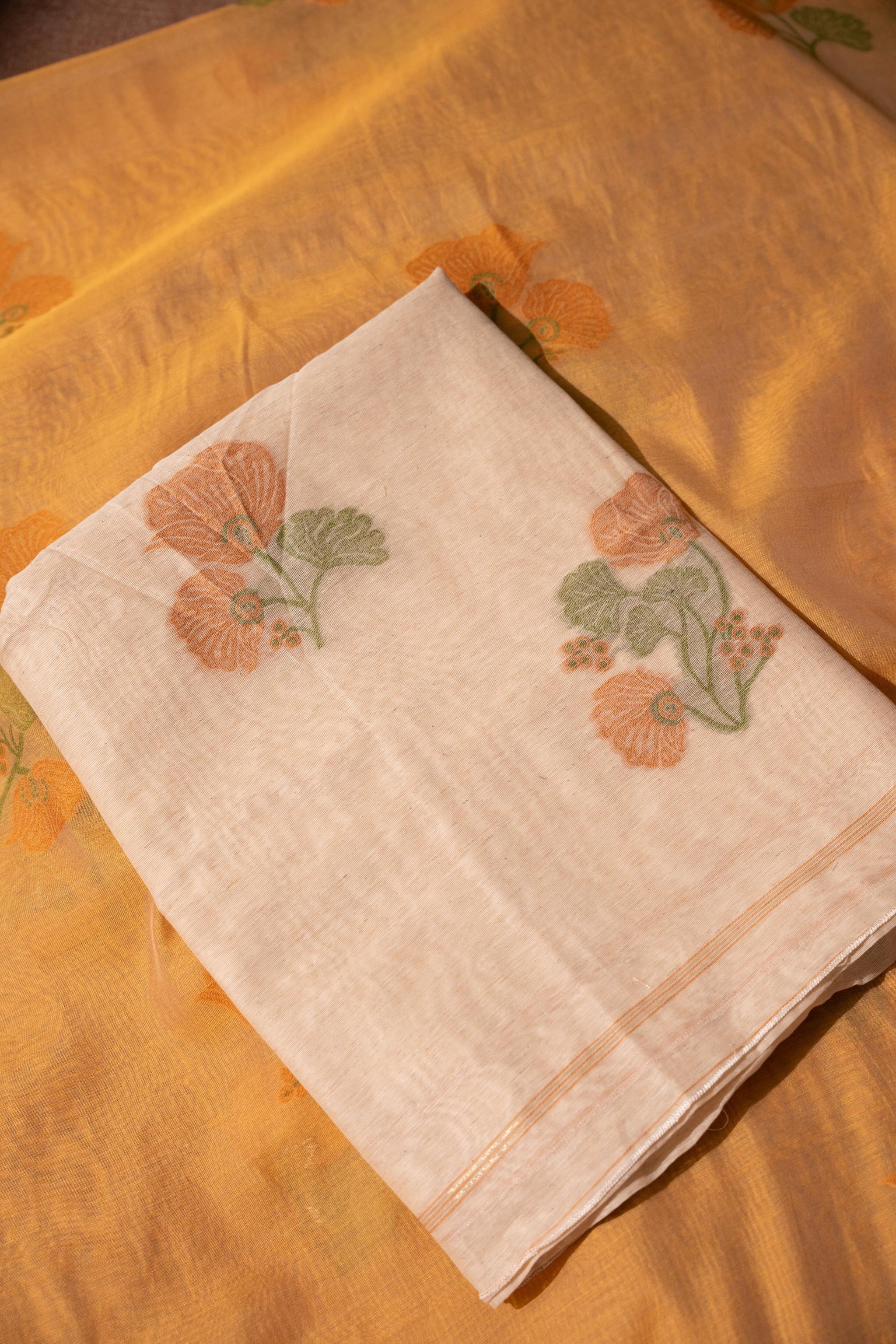 Minimalist Florals Beige & Mustard Cotton Linen Unstitched Suit Set