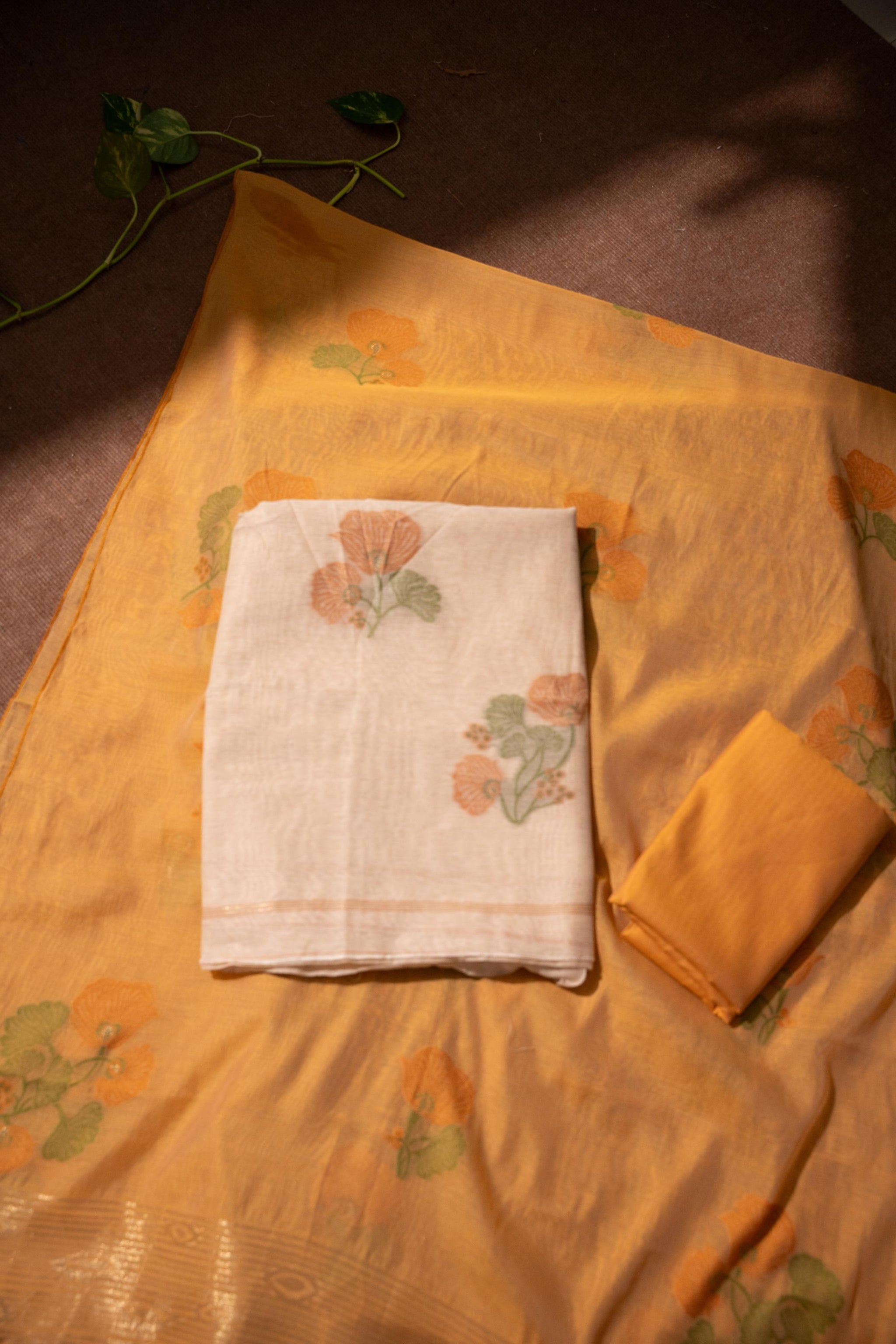 Minimalist Florals Beige & Mustard Cotton Linen Unstitched Suit Set
