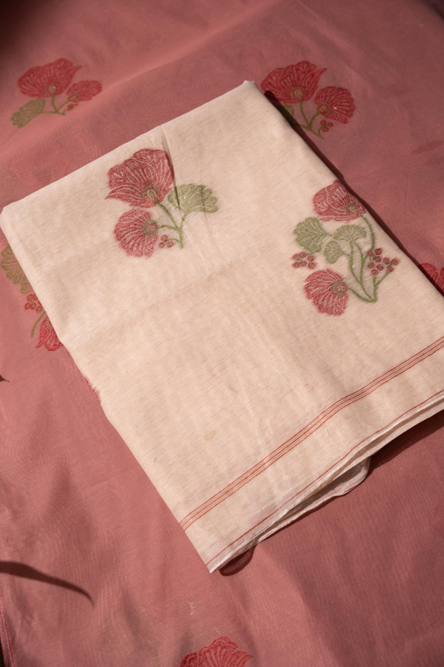 Minimalist Florals Beige & Pink Cotton Linen Unstitched Suit Set