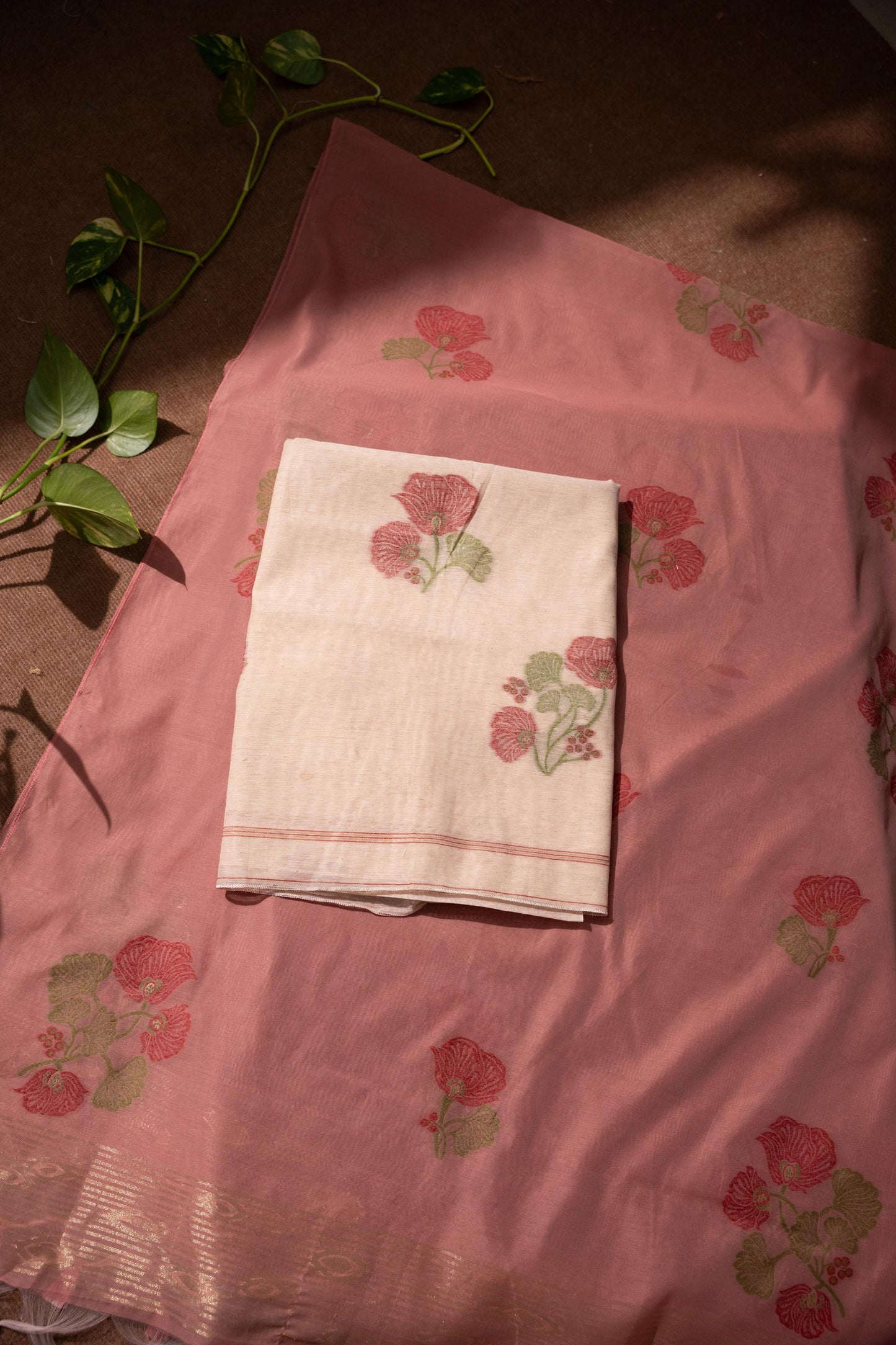 Minimalist Florals Beige & Pink Cotton Linen Unstitched Suit Set