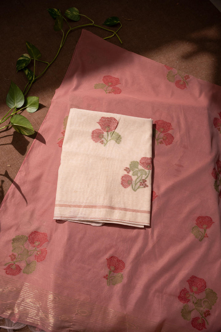 Minimalist Florals Beige & Pink Linen Unstitched Suit Set