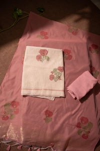 Minimalist Florals Beige & Pink Cotton Linen Unstitched Suit Set