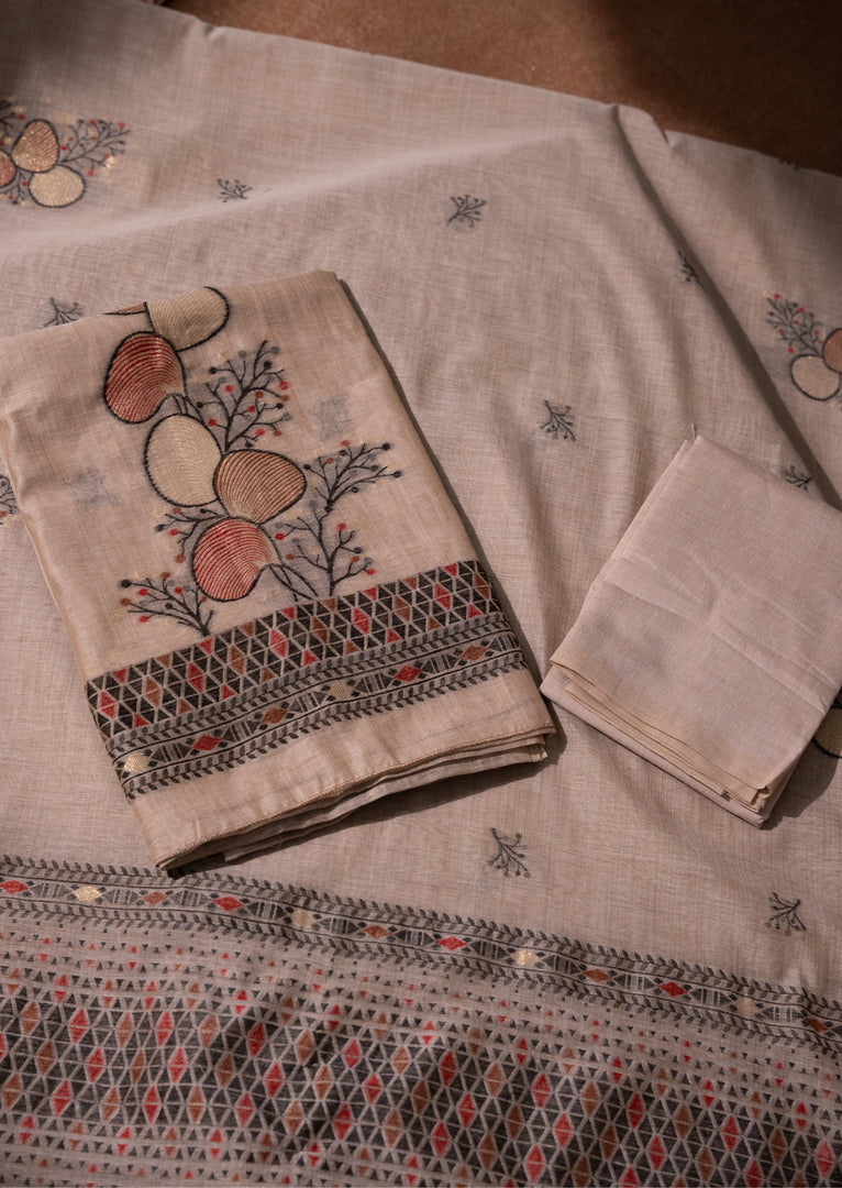 Boho Blossom Grey Muga Cotton Unstitched Suit Set