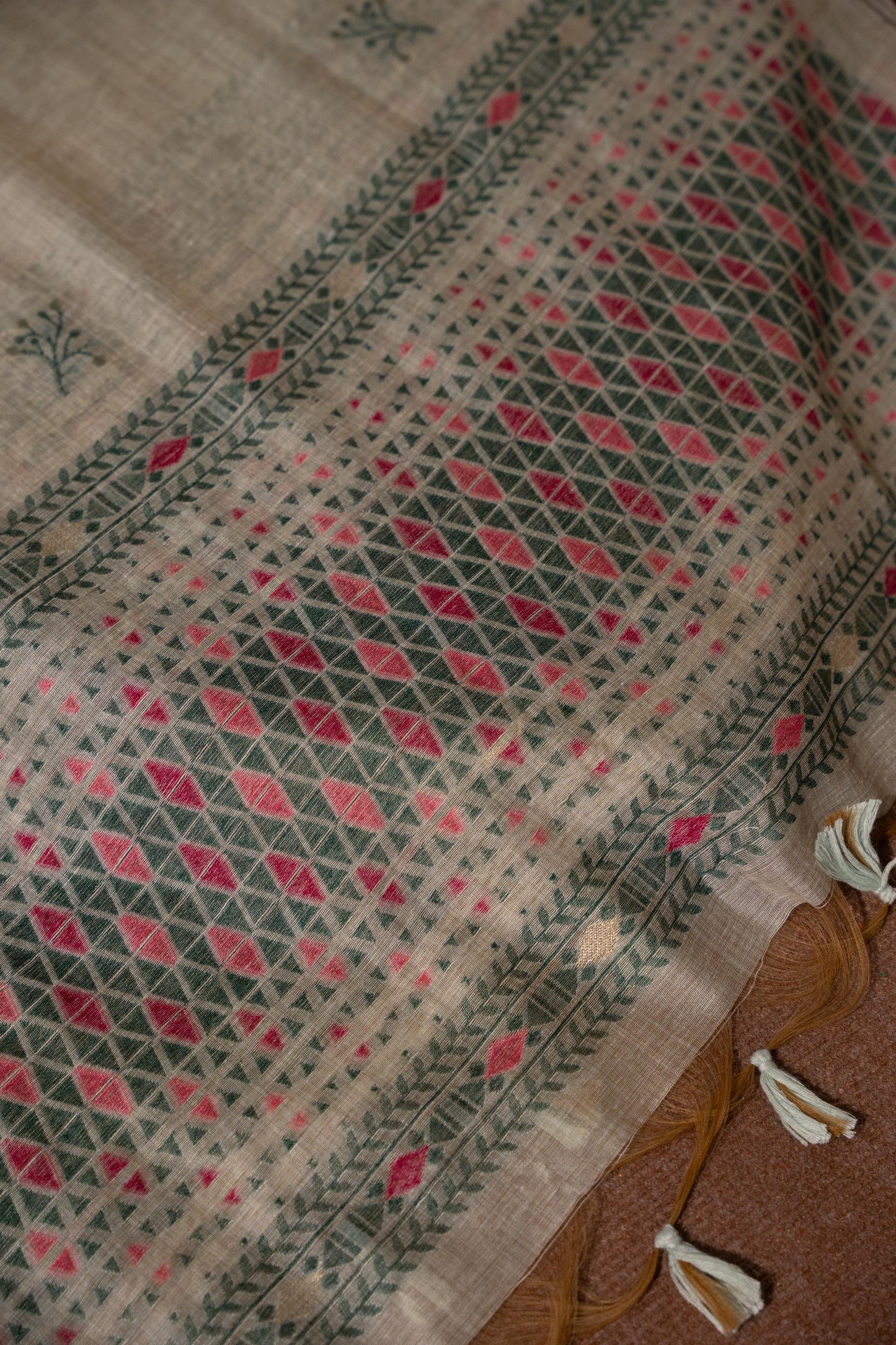 Boho Blossom Green Muga Cotton Unstitched Suit Set