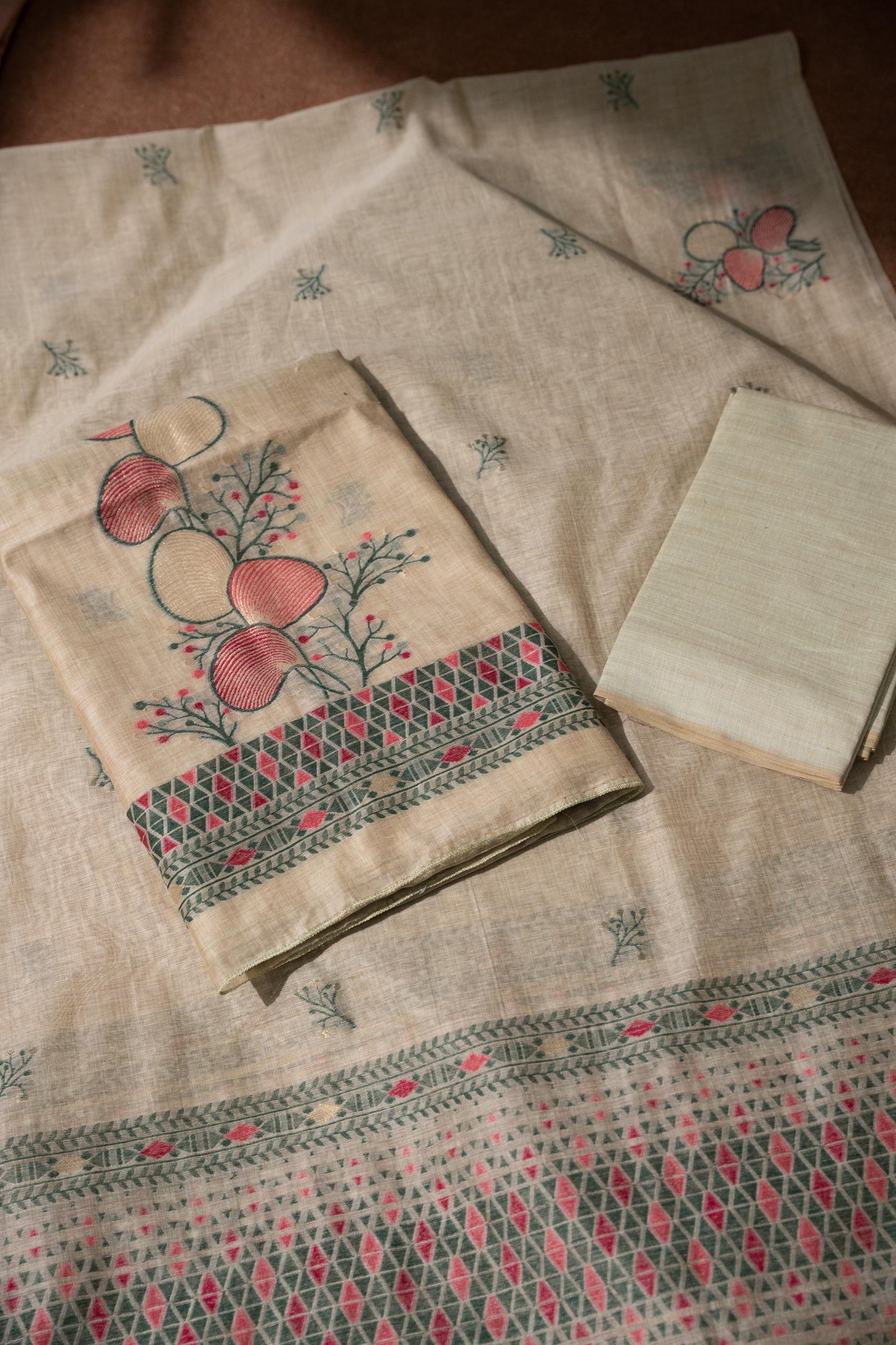 Boho Blossom Green Muga Cotton Unstitched Suit Set