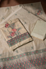 Load image into Gallery viewer, Boho Blossom Green Muga Cotton Unstitched Suit Set
