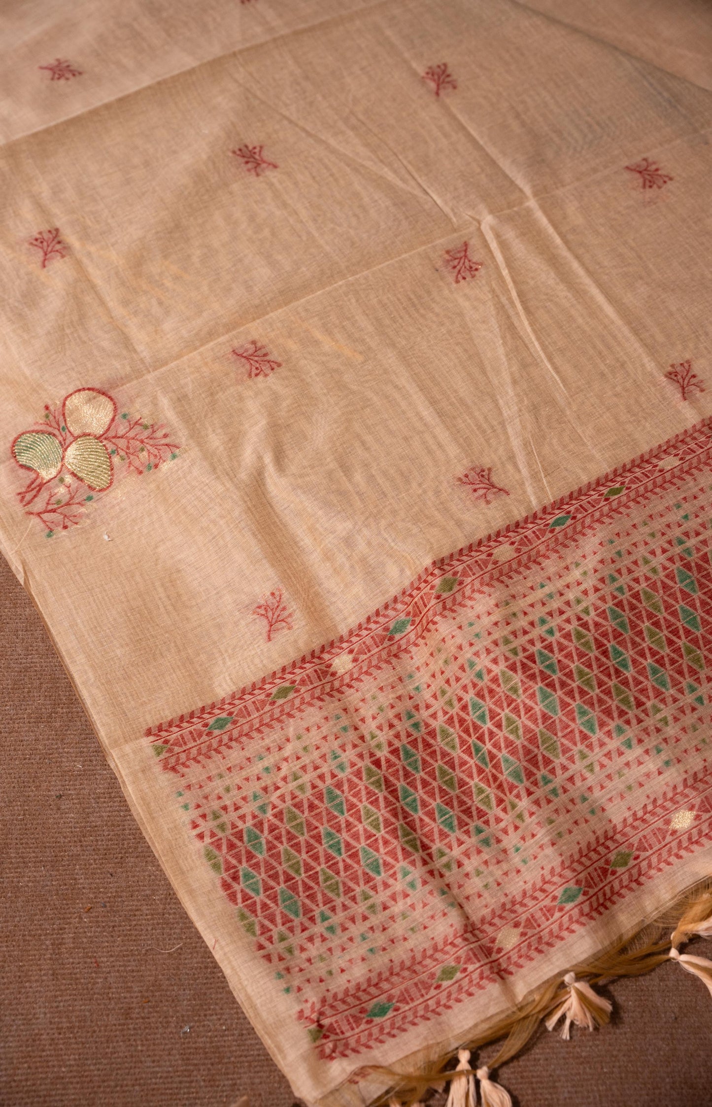 Boho Blossom Peach Muga Cotton Unstitched Suit Set