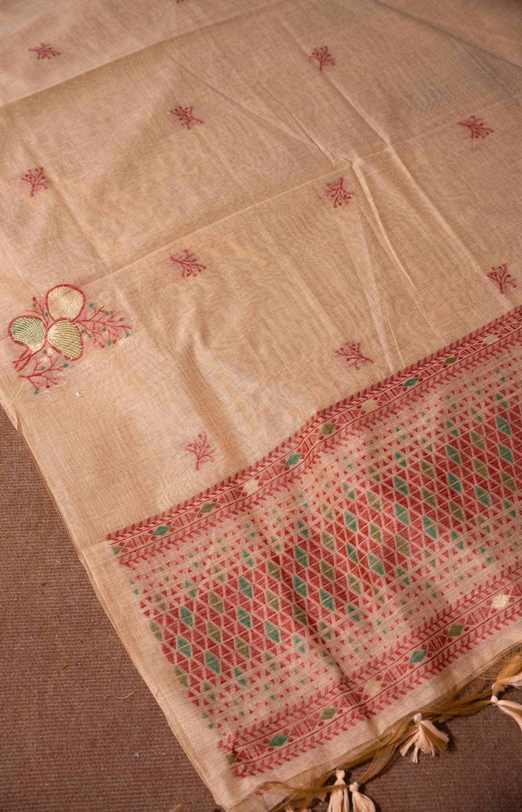 Boho Blossom Peach Muga Cotton Unstitched Suit Set