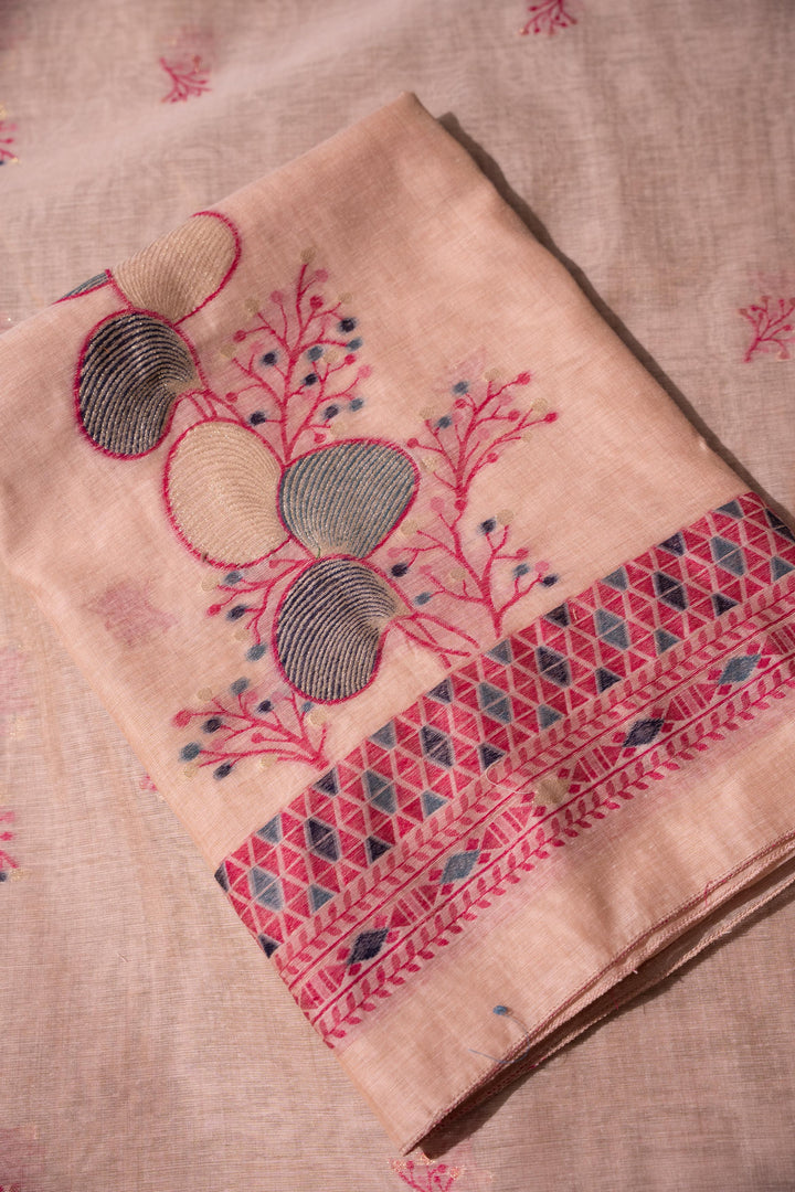 Boho Blossom Pink Muga Cotton Unstitched Suit Set