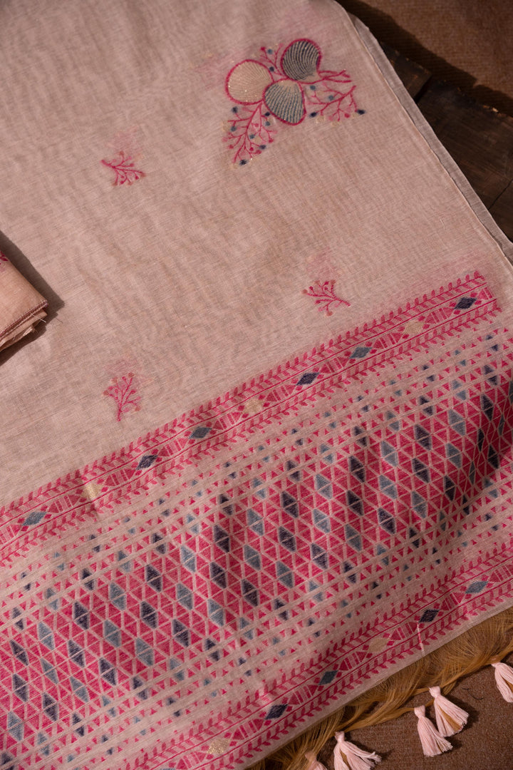 Boho Blossom Pink Muga Cotton Unstitched Suit Set