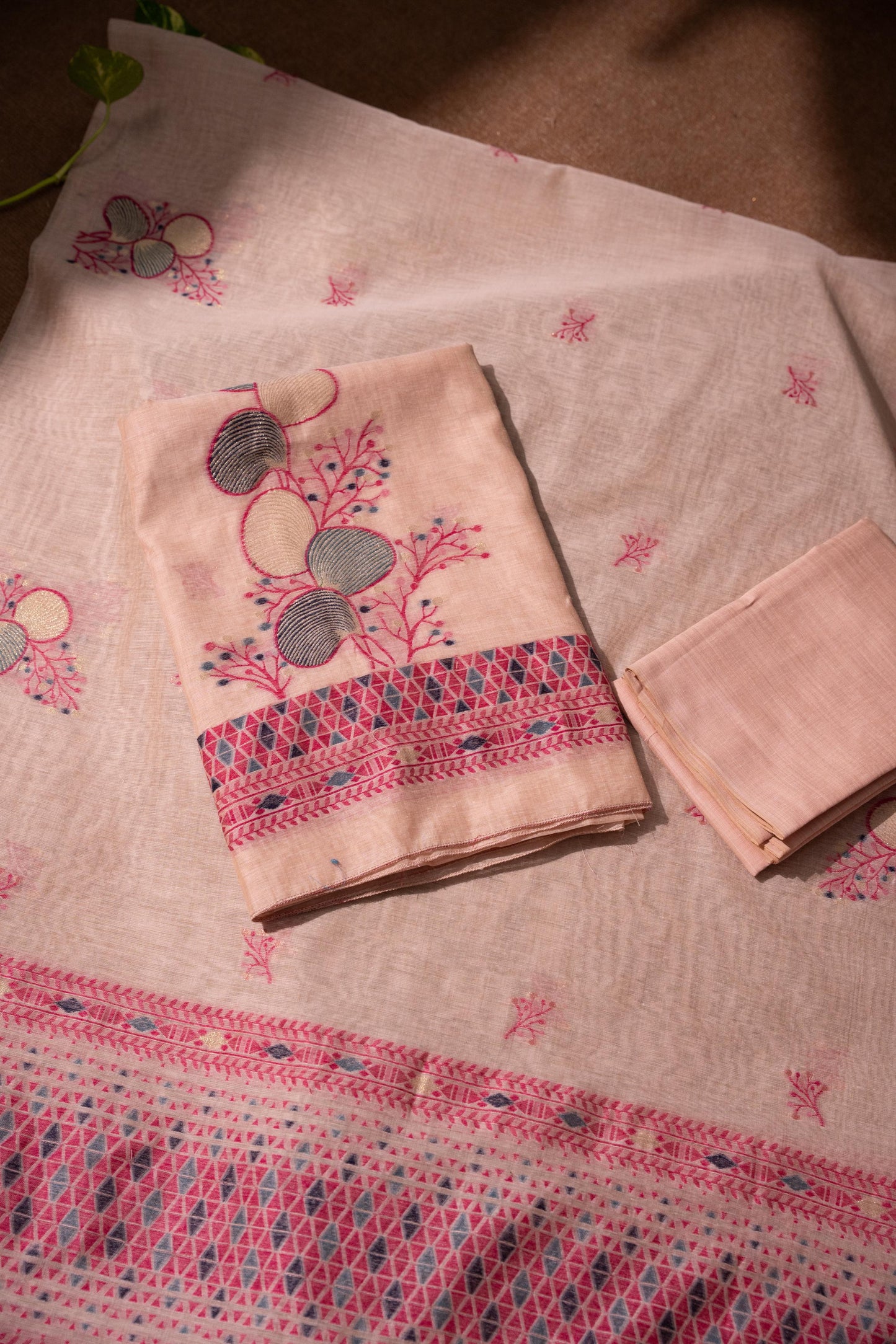 Boho Blossom Pink Muga Cotton Unstitched Suit Set