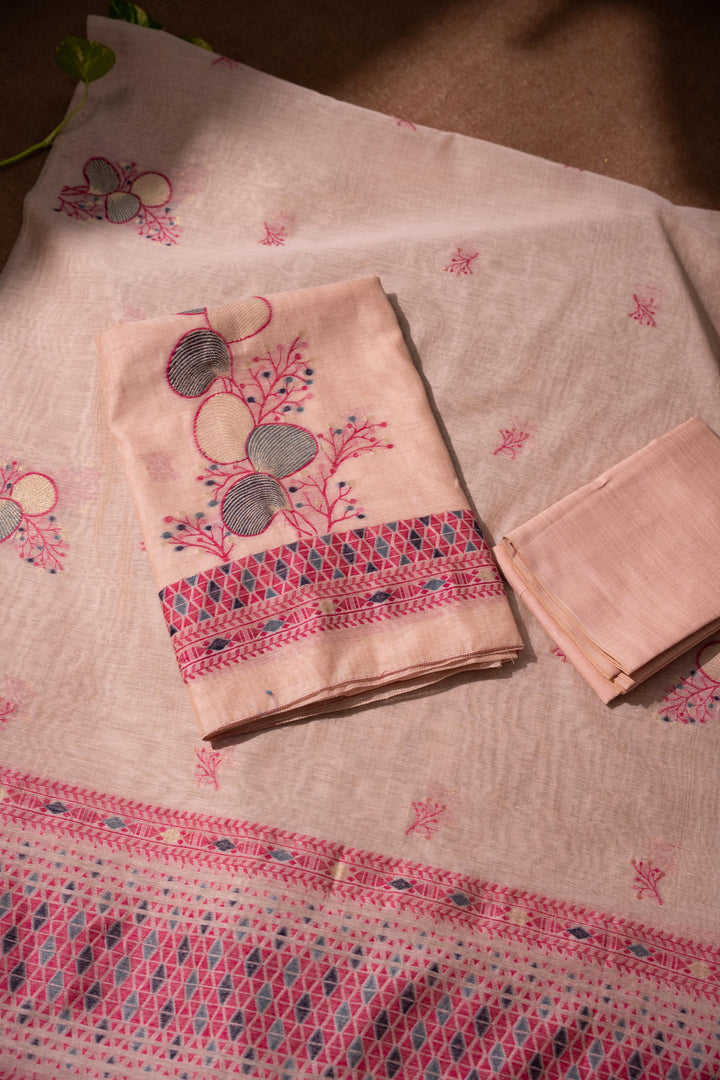 Boho Blossom Pink Muga Cotton Unstitched Suit Set