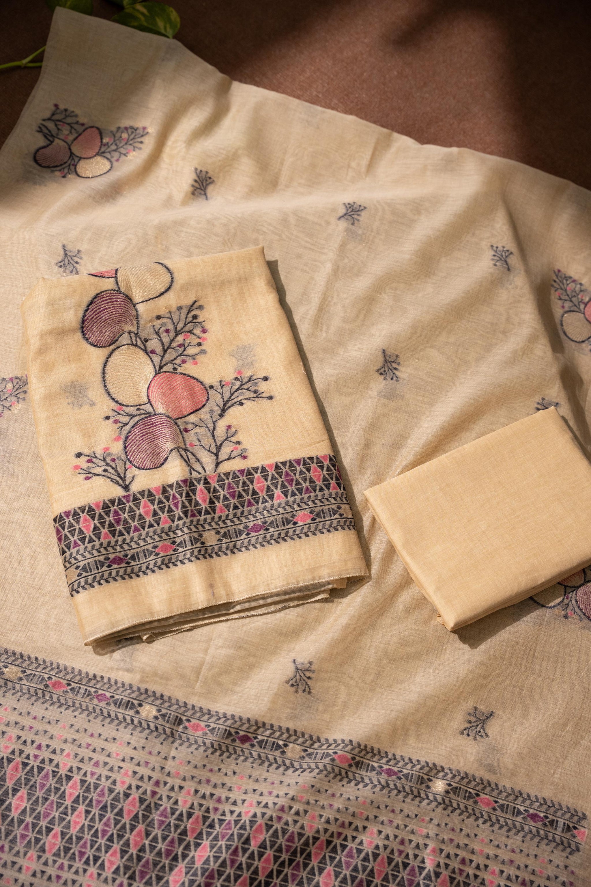 Boho Blossom Yellow Muga Cotton Unstitched Suit Set