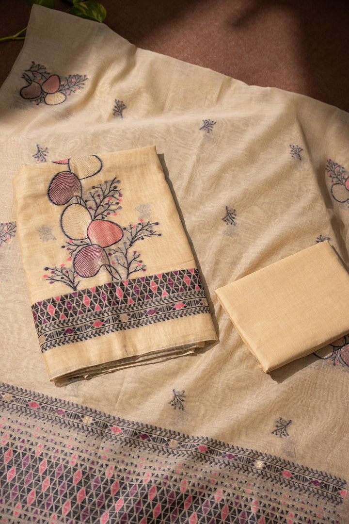 Boho Blossom Yellow Muga Cotton Unstitched Suit Set