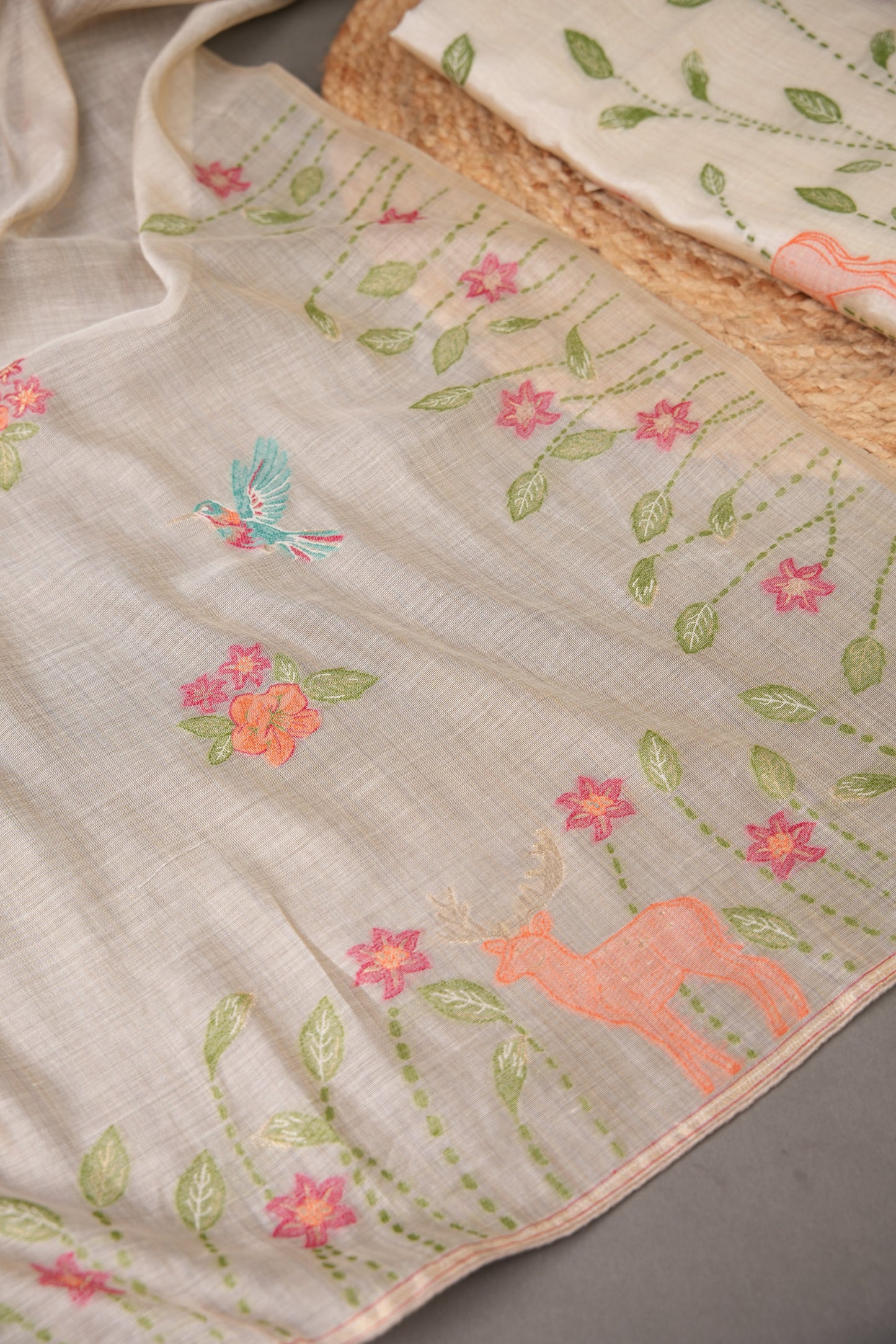 Conscious Couture Beige Viscose Cotton Pichwai Unstitched Suit Set