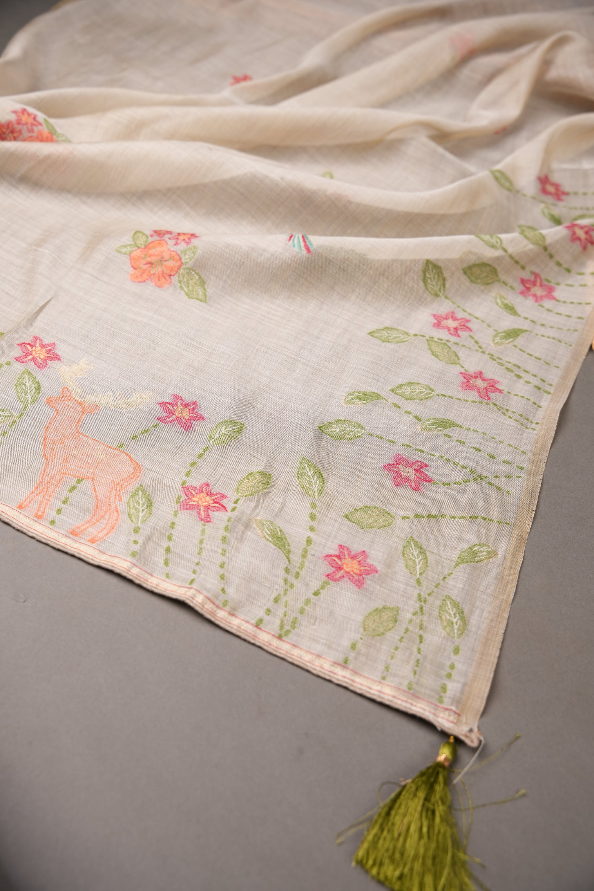 Conscious Couture Beige Viscose Cotton Pichwai Unstitched Suit Set