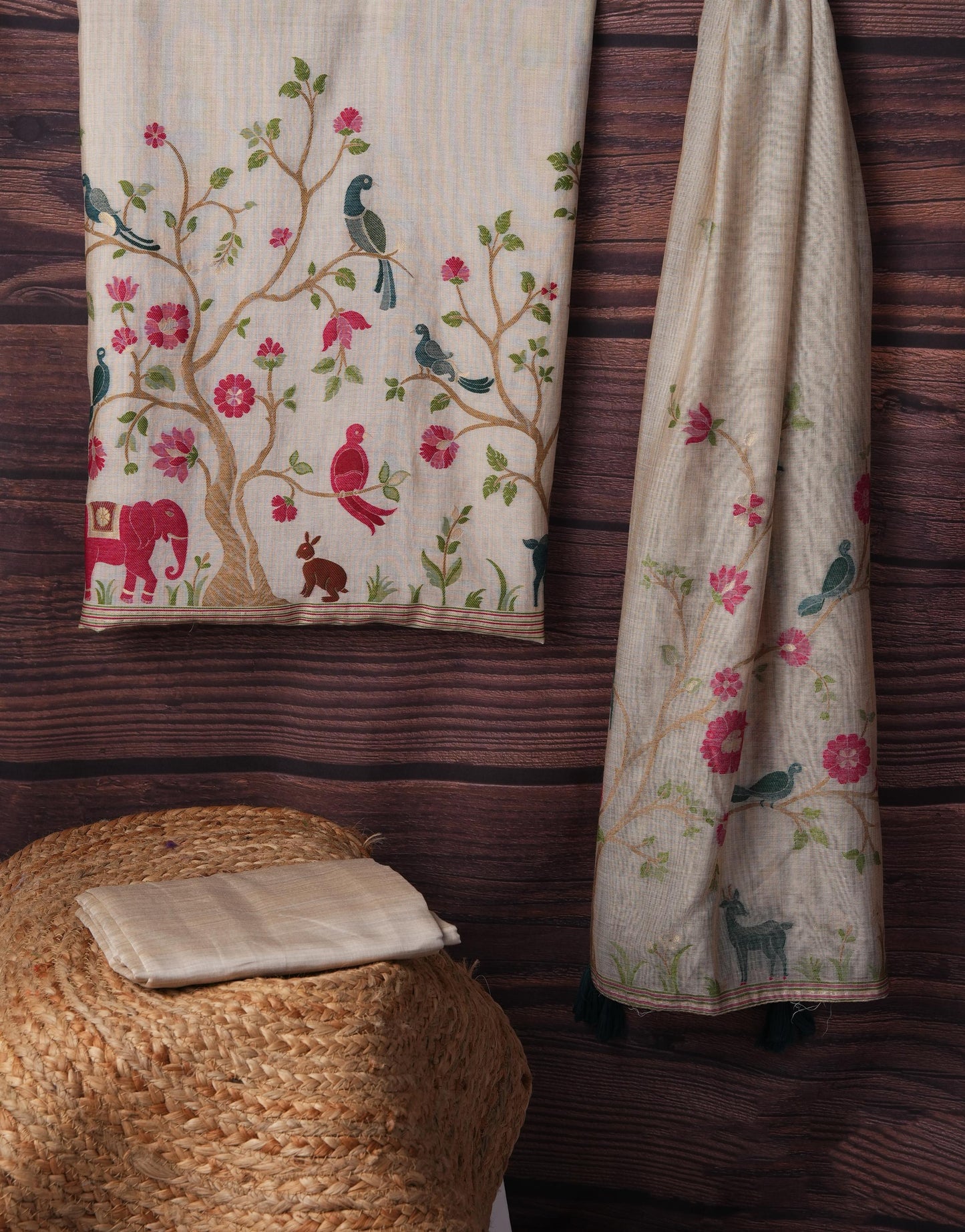 Beast & Beauty Beige Viscose Cotton Unstitched Suit Set