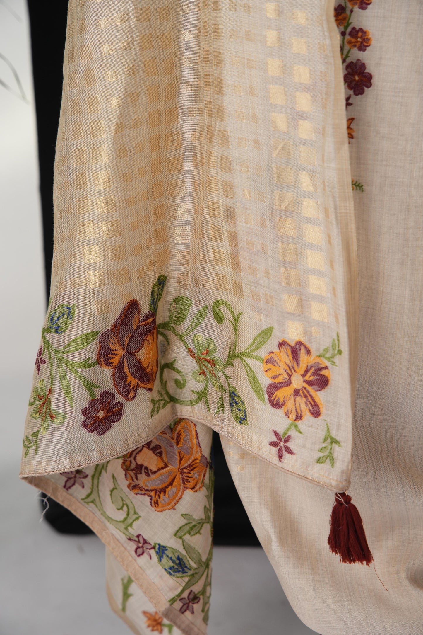 Bare Bloom Beige Viscose Cotton Unstitched Suit Set