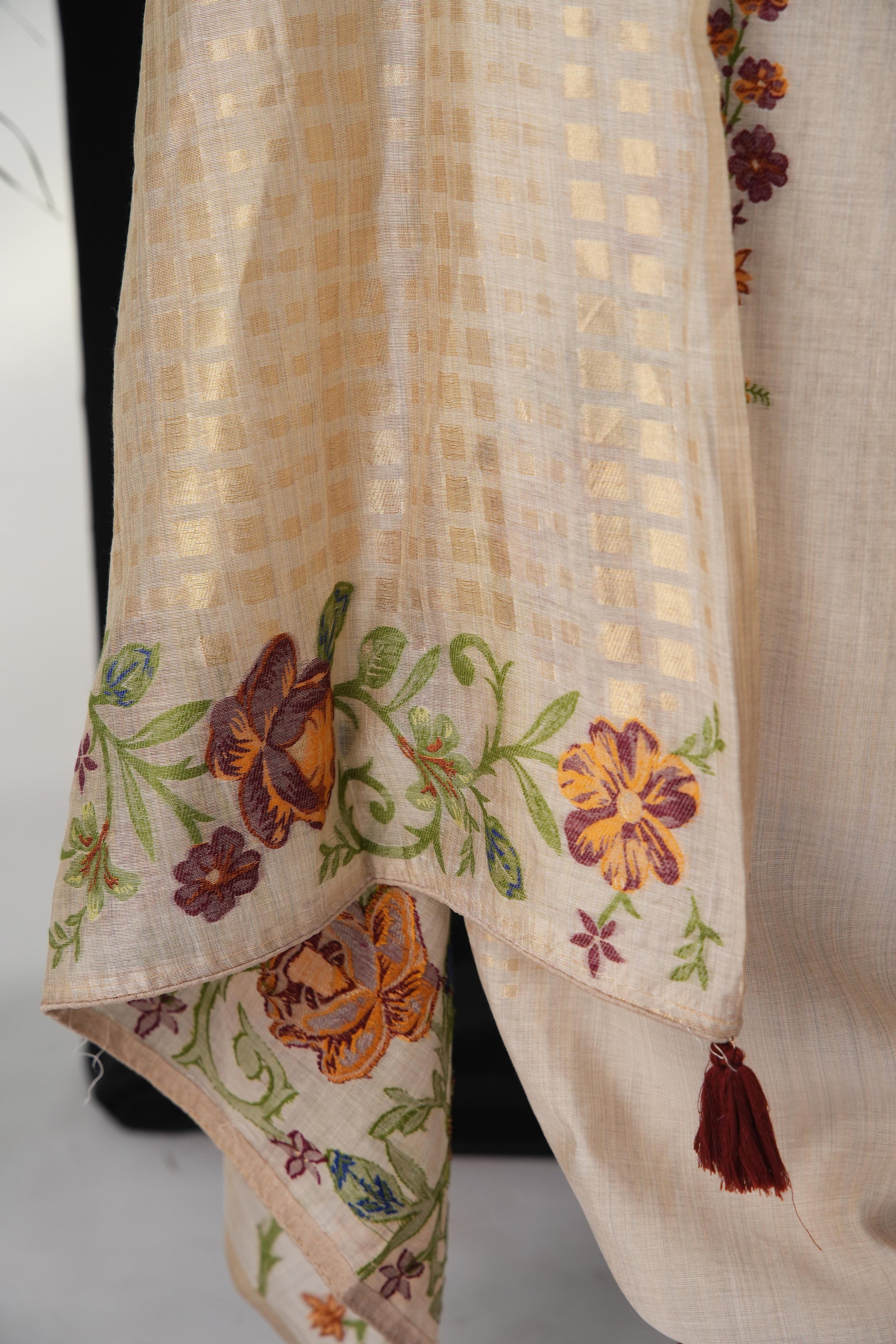 Bare Bloom Beige Viscose Cotton Unstitched Suit Set