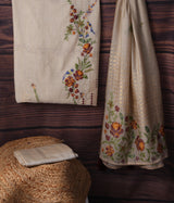 Bare Bloom Beige Viscose Cotton Unstitched Suit Set