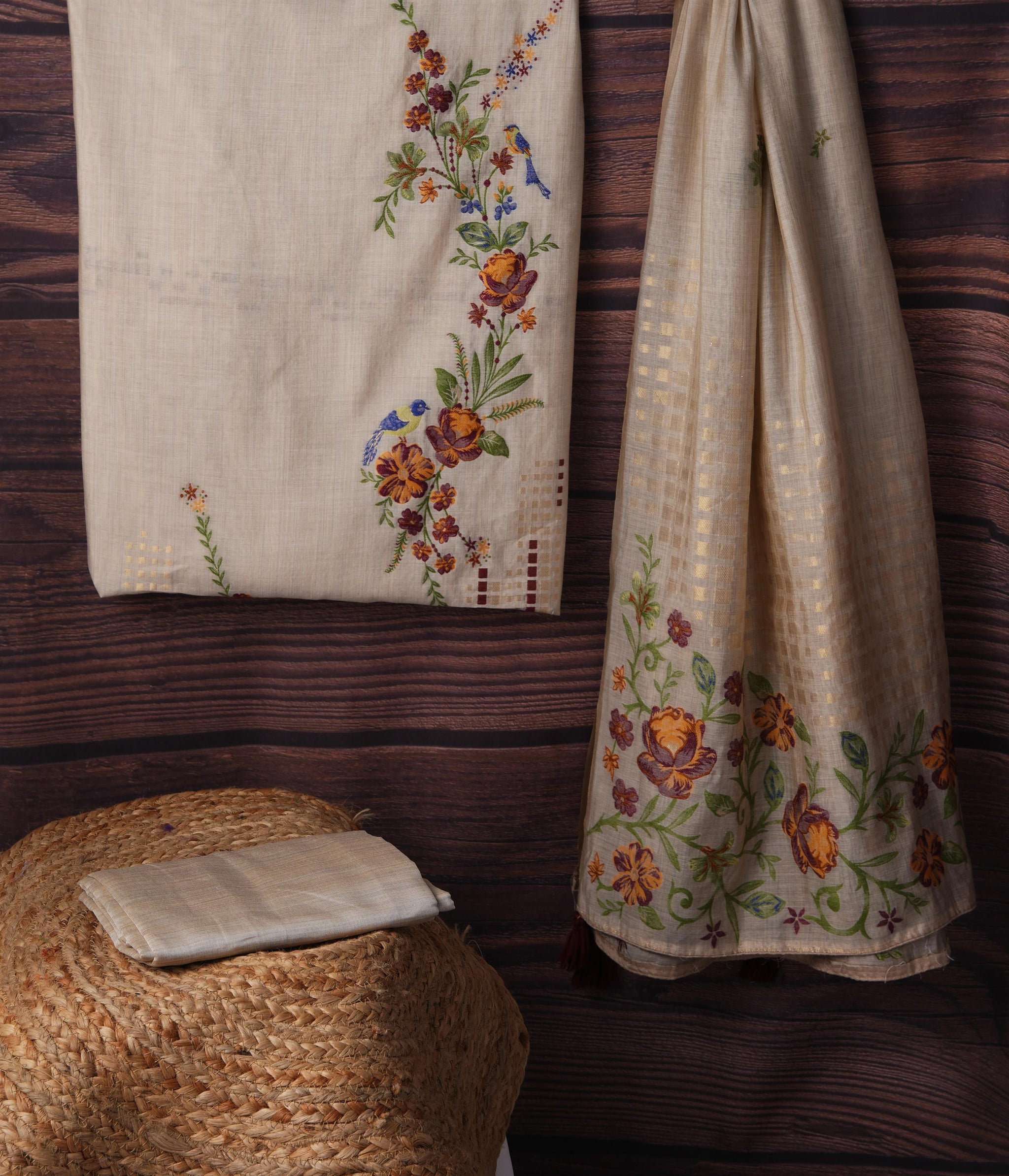 Bare Bloom Beige Viscose Cotton Unstitched Suit Set