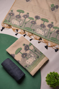 Meadow Weaves Navy Pichwai Jamdani Muga Cotton Unstitched Suit Set