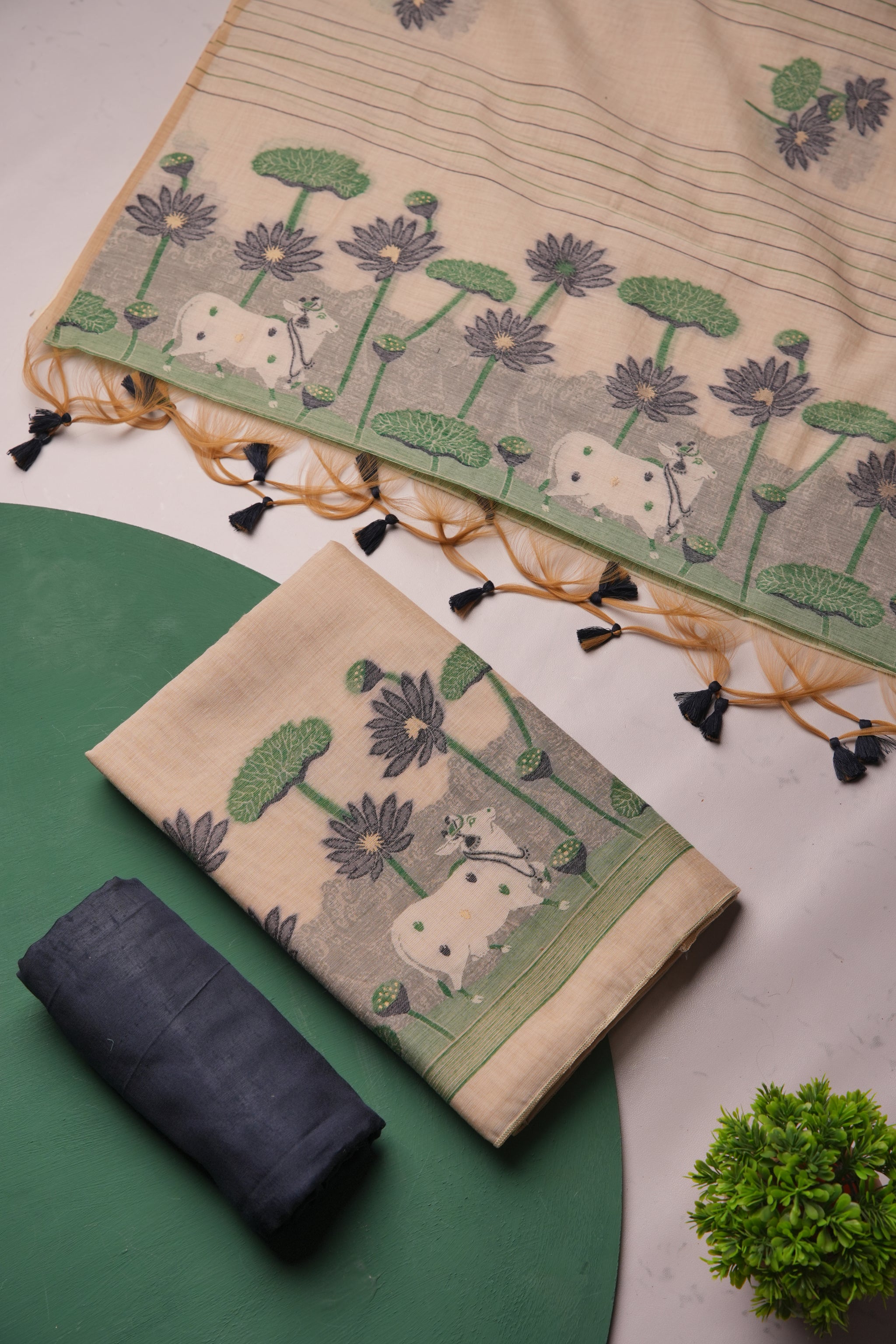 Meadow Weaves Navy Pichwai Jamdani Muga Cotton Unstitched Suit Set