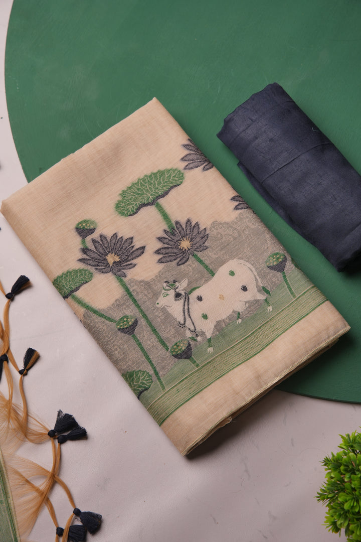 Meadow Weaves Navy Pichwai Jamdani Muga Cotton Unstitched Suit Set