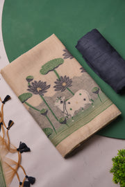 Meadow Weaves Navy Pichwai Jamdani Muga Cotton Unstitched Suit Set