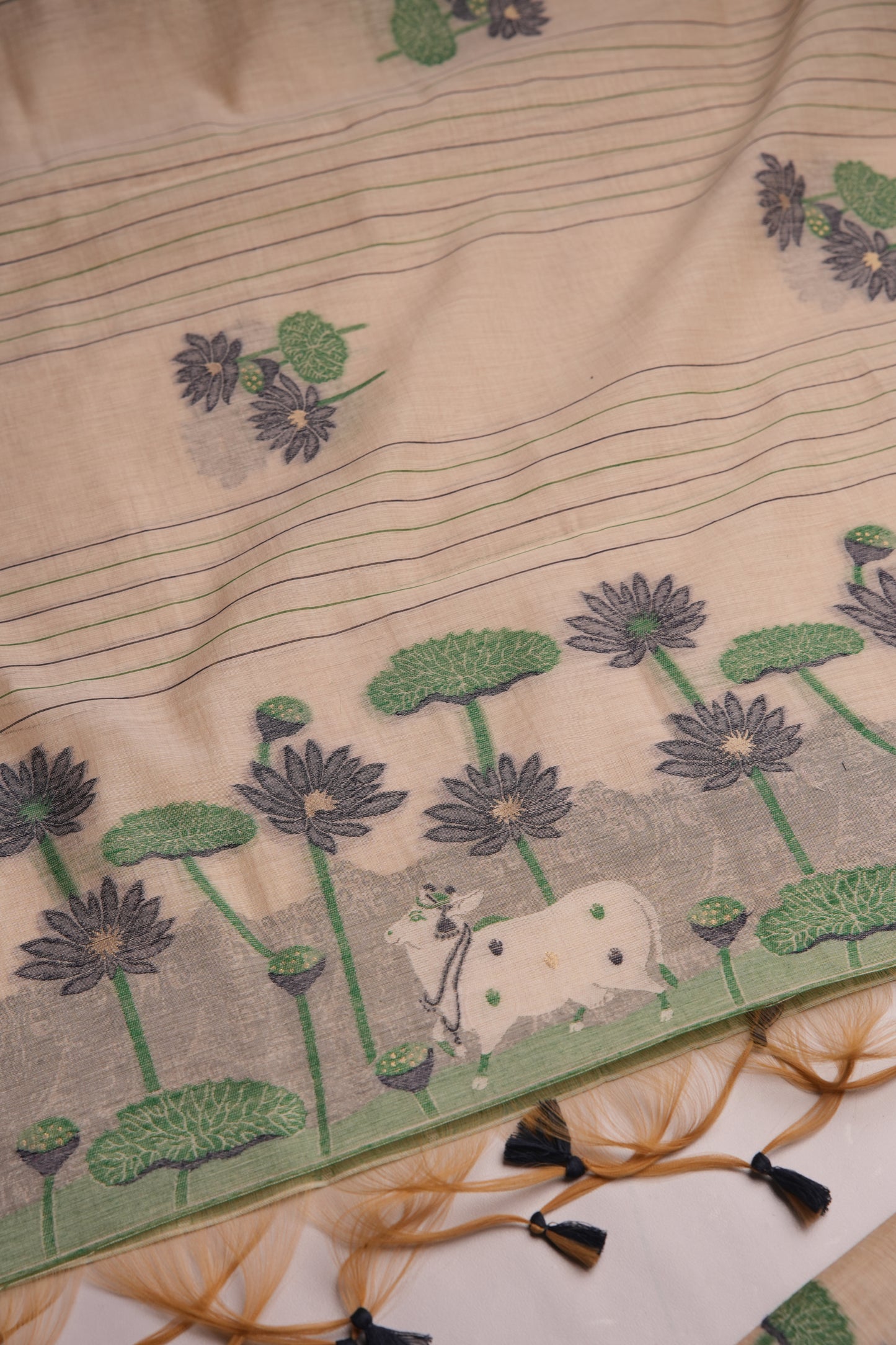 Meadow Weaves Navy Pichwai Jamdani Muga Cotton Unstitched Suit Set