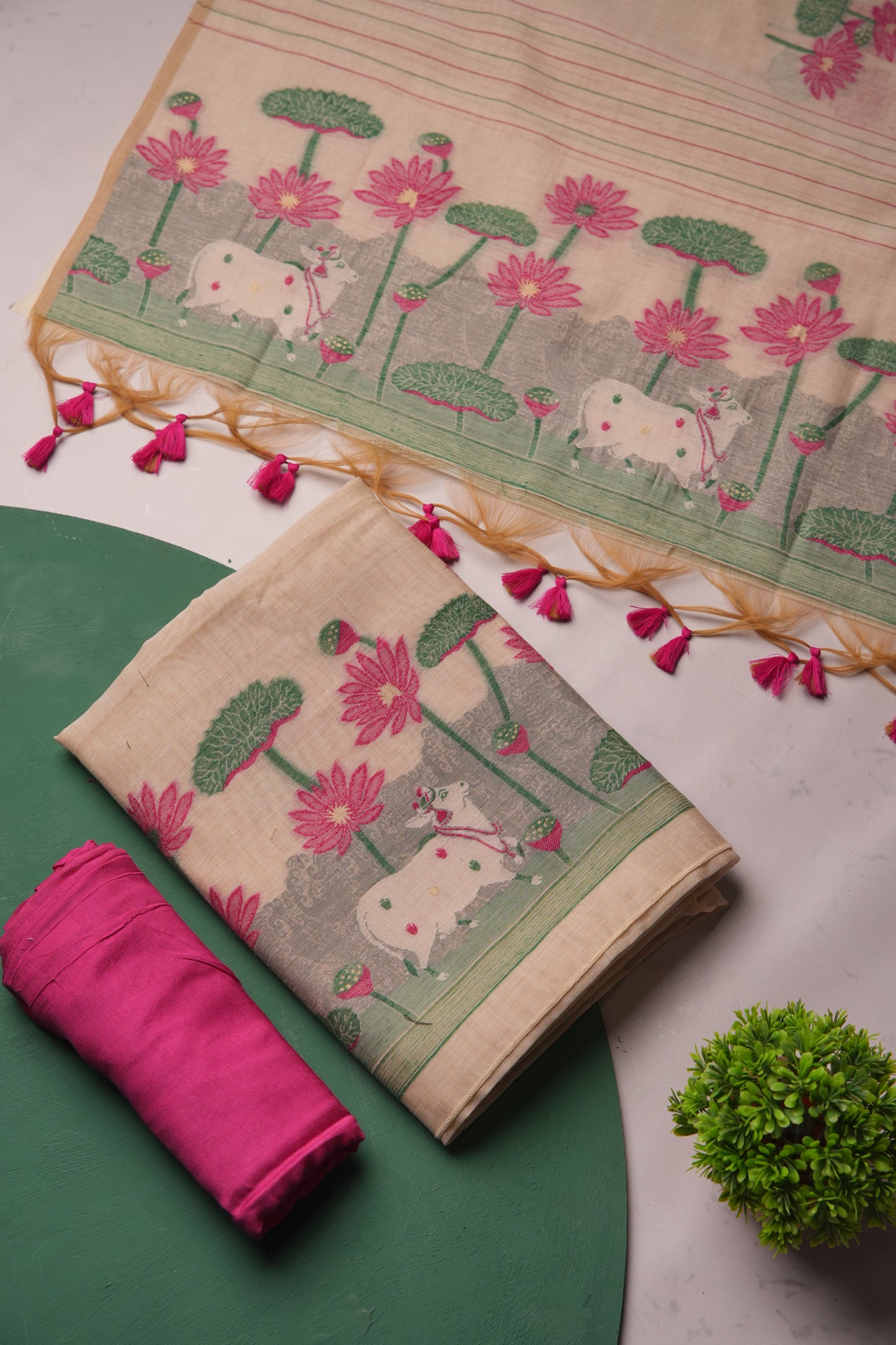 Meadow Weaves Pink Pichwai Jamdani Muga Cotton Unstitched Suit Set