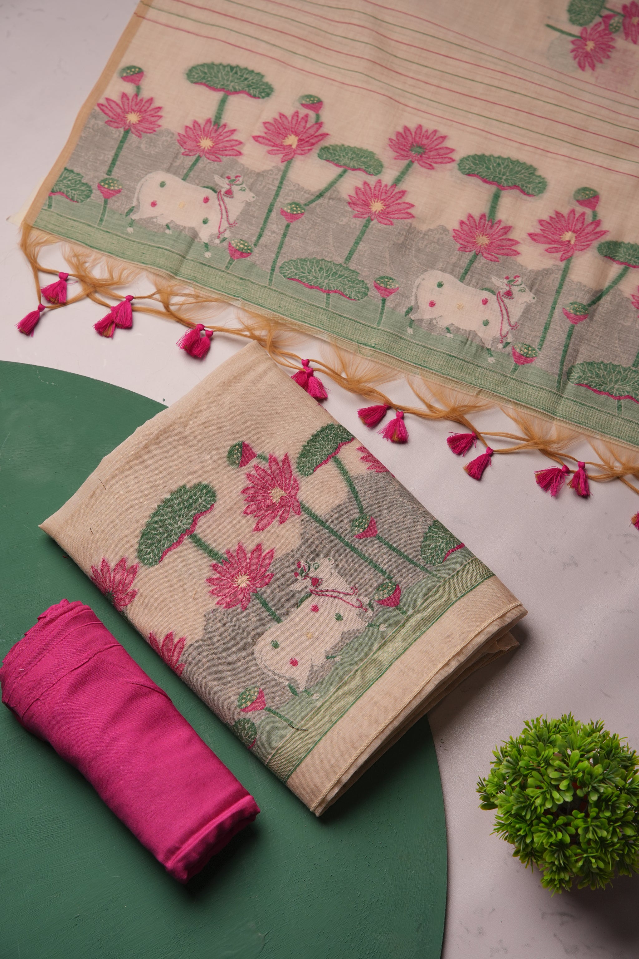 Meadow Weaves Pink Pichwai Jamdani Muga Cotton Unstitched Suit Set