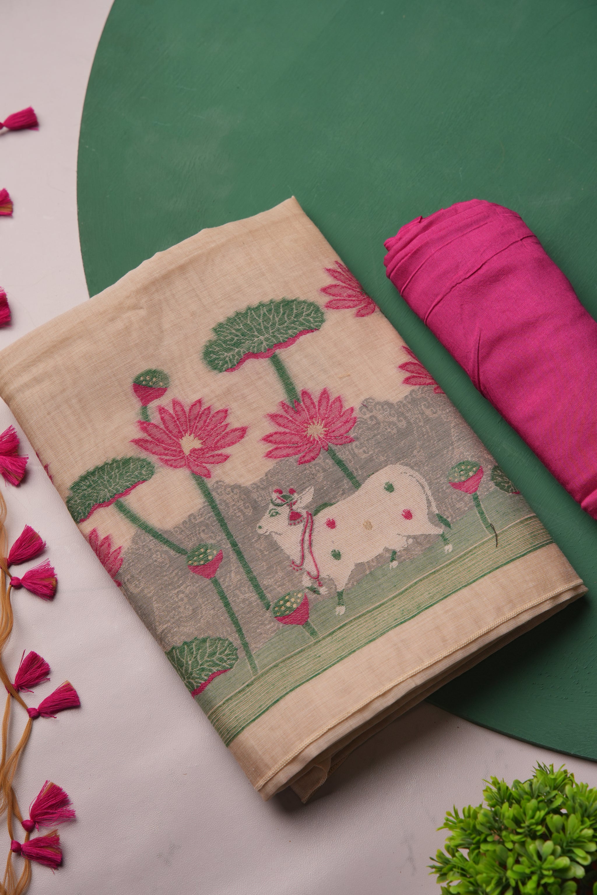 Meadow Weaves Pink Pichwai Jamdani Muga Cotton Unstitched Suit Set