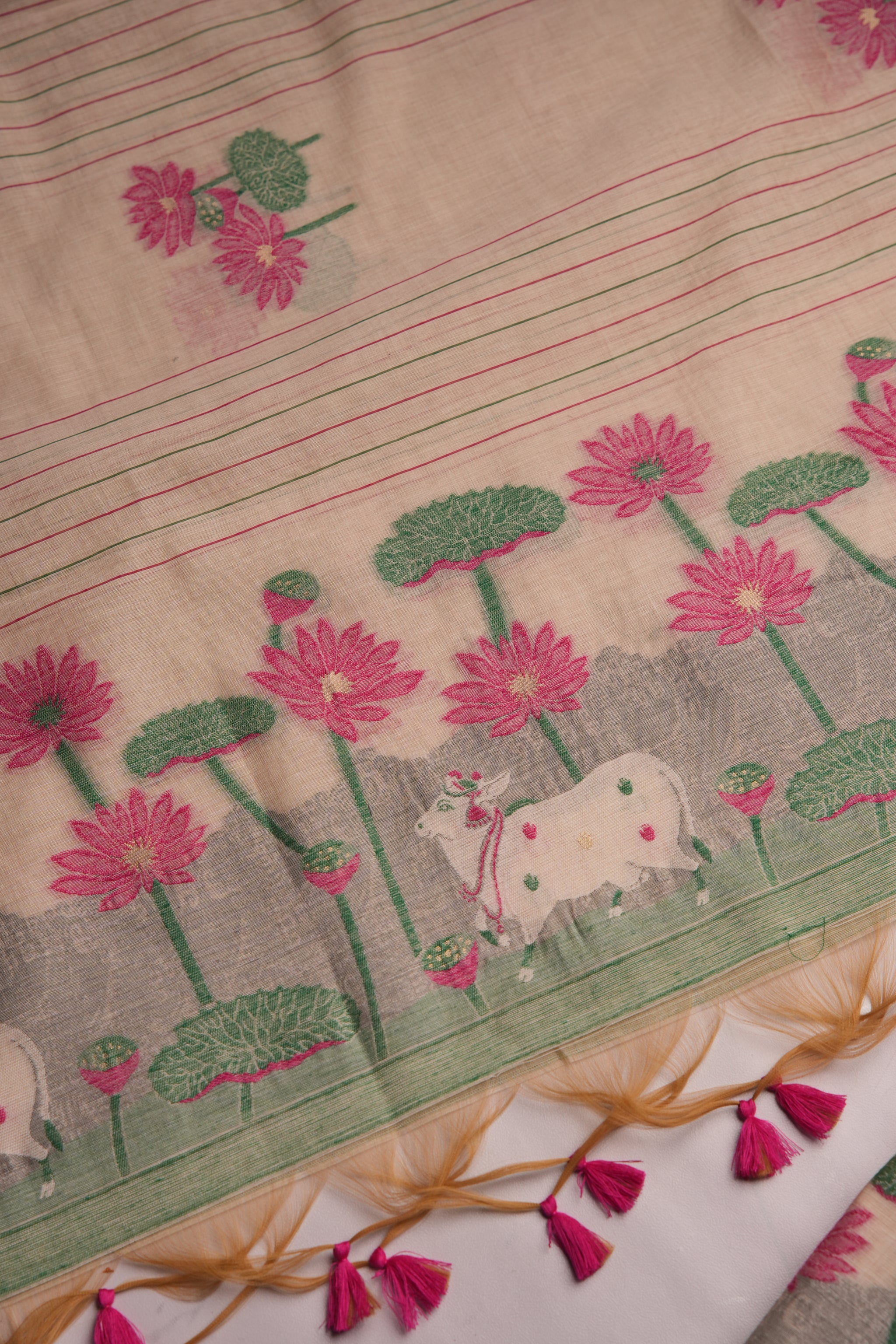 Meadow Weaves Pink Pichwai Jamdani Muga Cotton Unstitched Suit Set