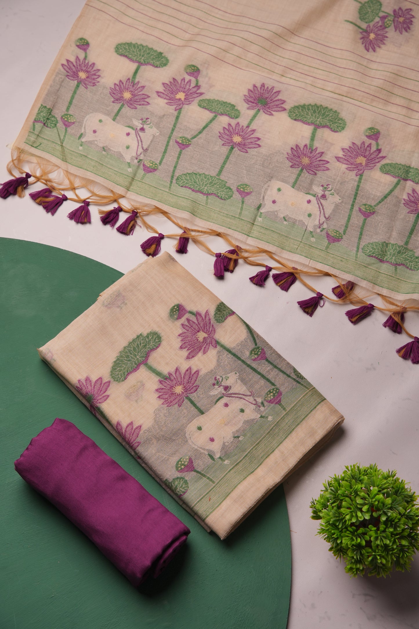 Meadow Weaves Wine Pichwai Jamdani Muga Cotton Unstitched Suit Set