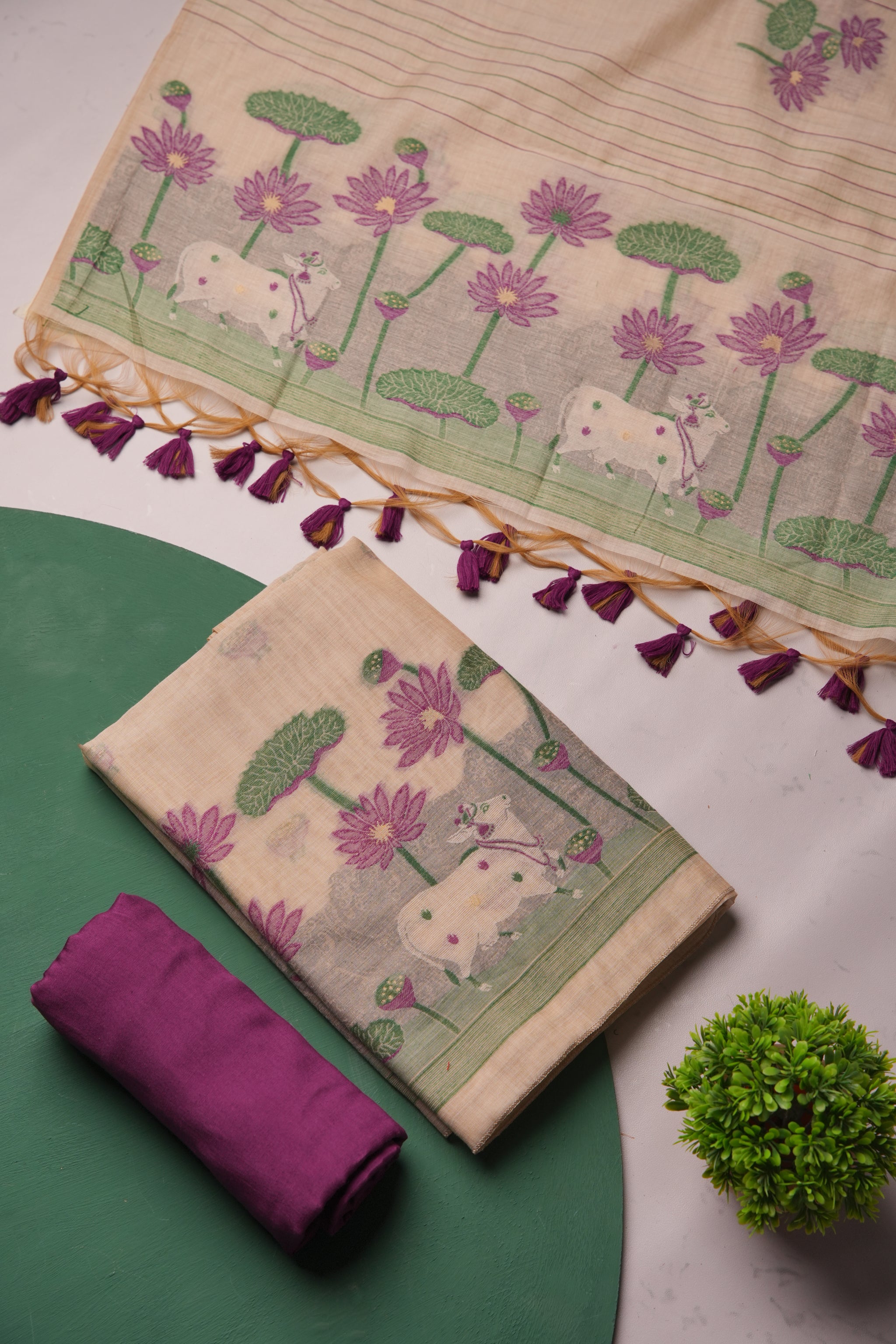 Meadow Weaves Wine Pichwai Jamdani Muga Cotton Unstitched Suit Set