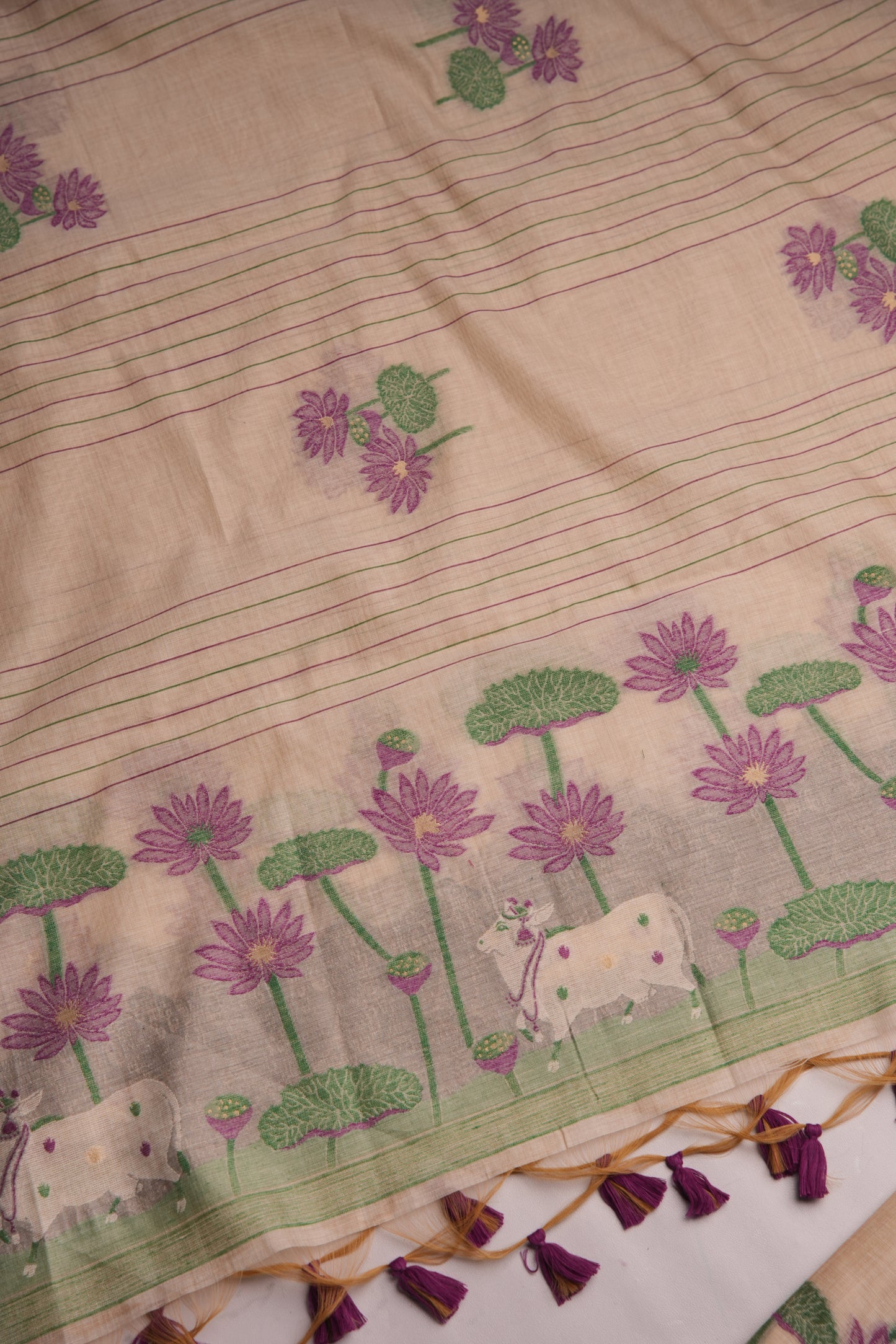 Meadow Weaves Wine Pichwai Jamdani Muga Cotton Unstitched Suit Set